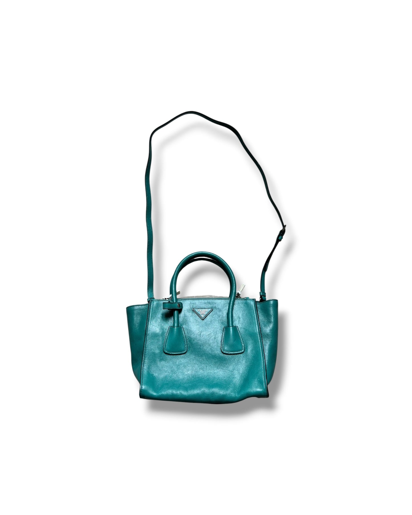 Prada Leather Bag | Pavone | Silver Tone | Detachable Strap