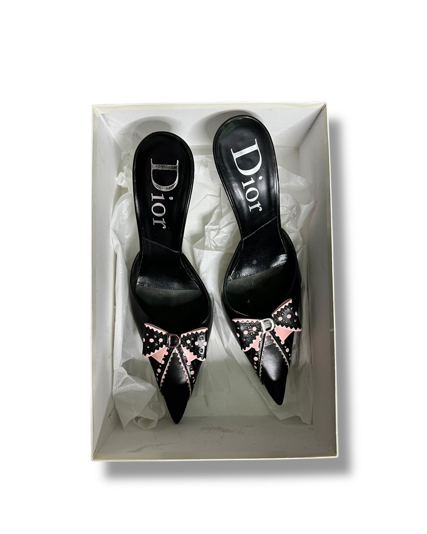 Christian Dior Vintage Bow Mule Heels Pink and Black Leather