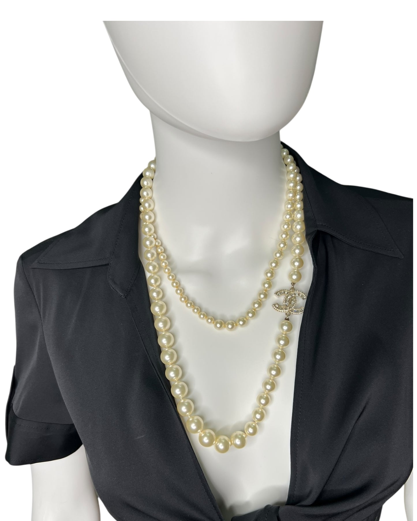 Chanel Faux Pearl Long Necklace Gold Tone CC Logo Double Strand