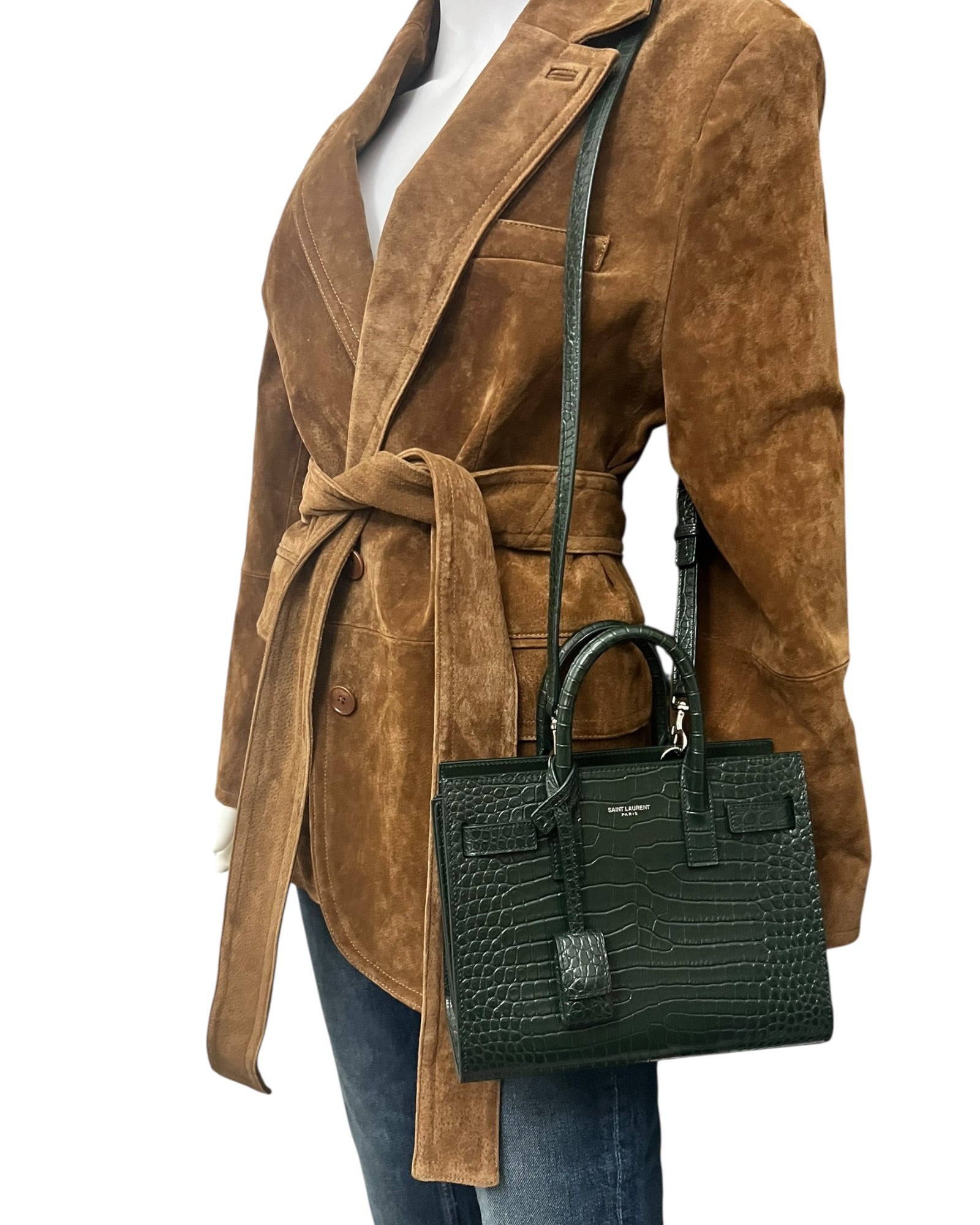Saint Laurent Nano Sac de Jour Croc-Embossed Tote | Dark Green - The Luxury Savvy