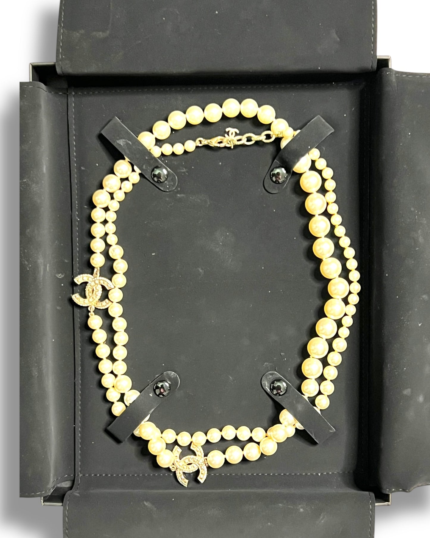 Chanel Faux Pearl Long Necklace Gold Tone CC Logo Double Strand