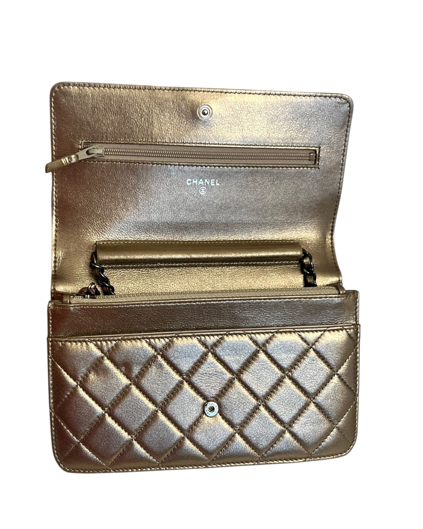 Chanel Boy Wallet on Chain (WOC) | Metallic Gold Quilted Leather