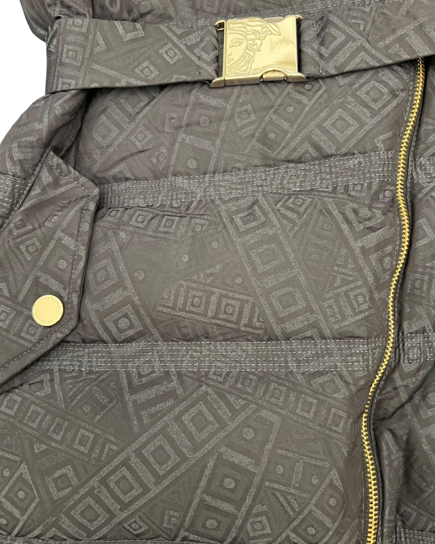 Versace Collection Monogram Down Puffer Coat with Fur Collar – Black – IT 46