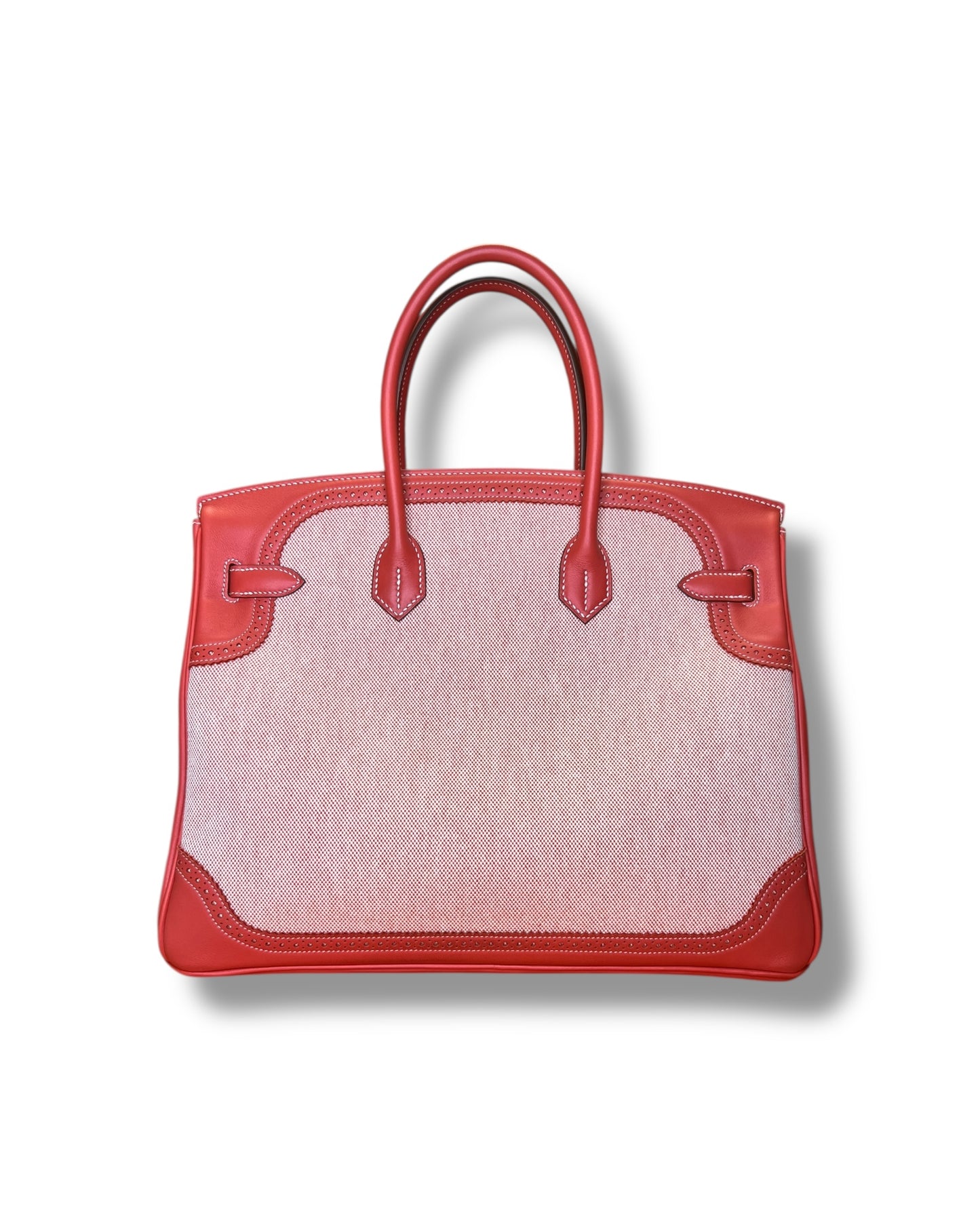Hermès Birkin 35 Ghillies – Sanguine Swift with Toile Panels, Palladium Hardware – 2015 (T Stamp)