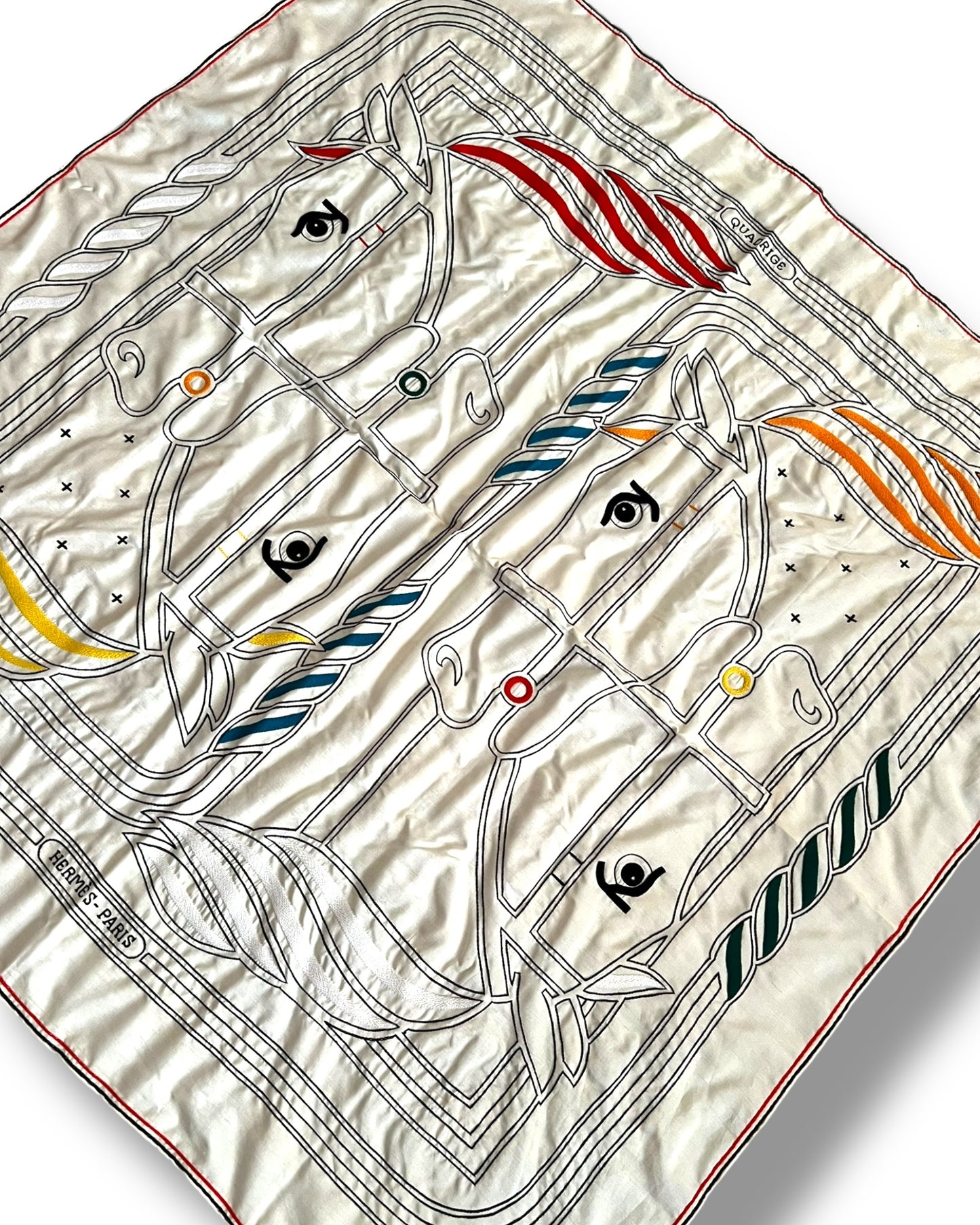 Hermès Carré 90 “Quadrige” – Hand-Embroidered Silk Scarf (Pristine — with Special Box)