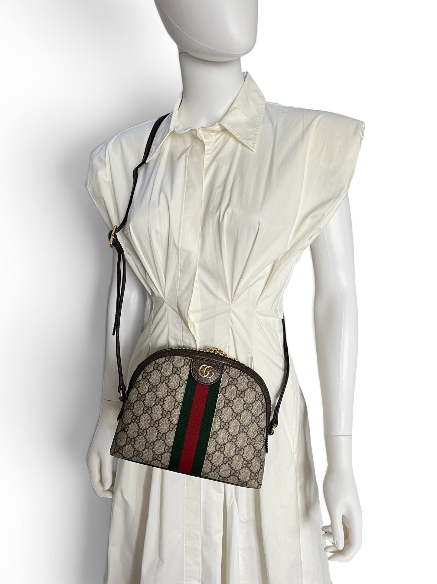 Gucci Ophidia Small GG Supreme Shoulder Bag with Web Stripe & Gold-Tone GG Hardware