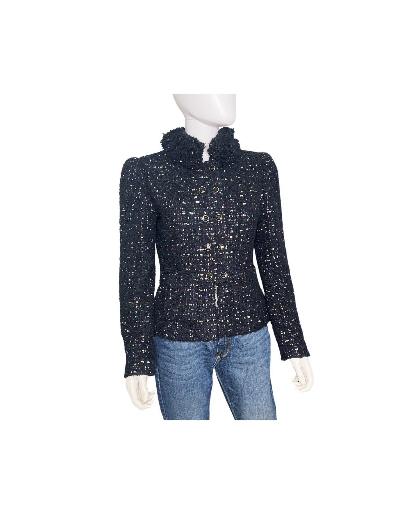 Chanel Tweed Jacket – Navy with Multicolour Sequin Detailing - The Luxury Savvy