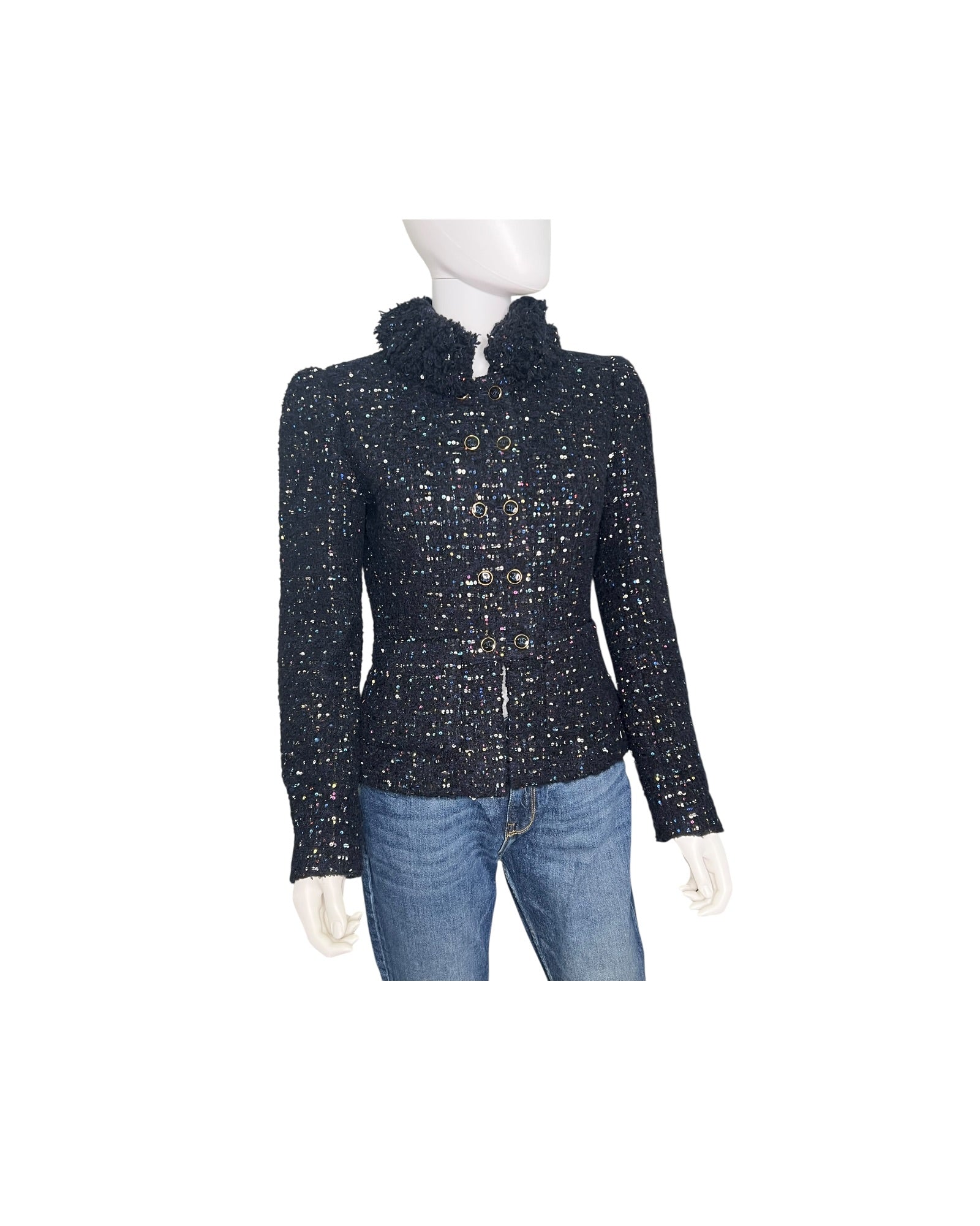 Chanel Tweed Jacket – Navy with Multicolour Sequin Detailing - The Luxury Savvy