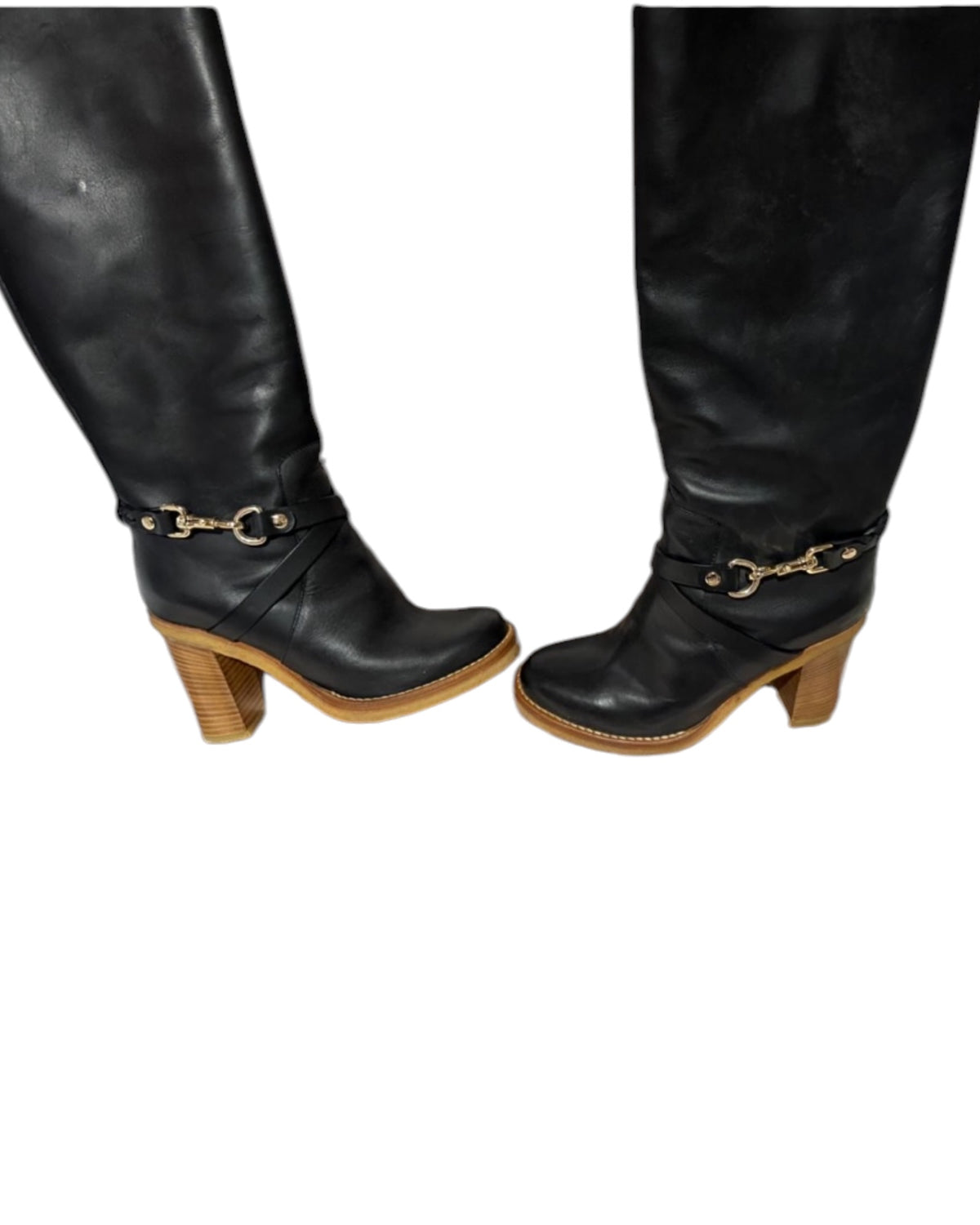 Mulberry Black Leather Calf-Length Boots – Gold-Tone Horsebit Detail