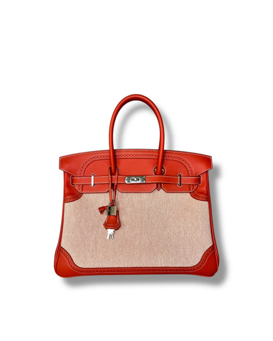 Hermès Birkin 35 Ghillies – Sanguine Swift with Toile Panels, Palladium Hardware – 2015 (T Stamp)
