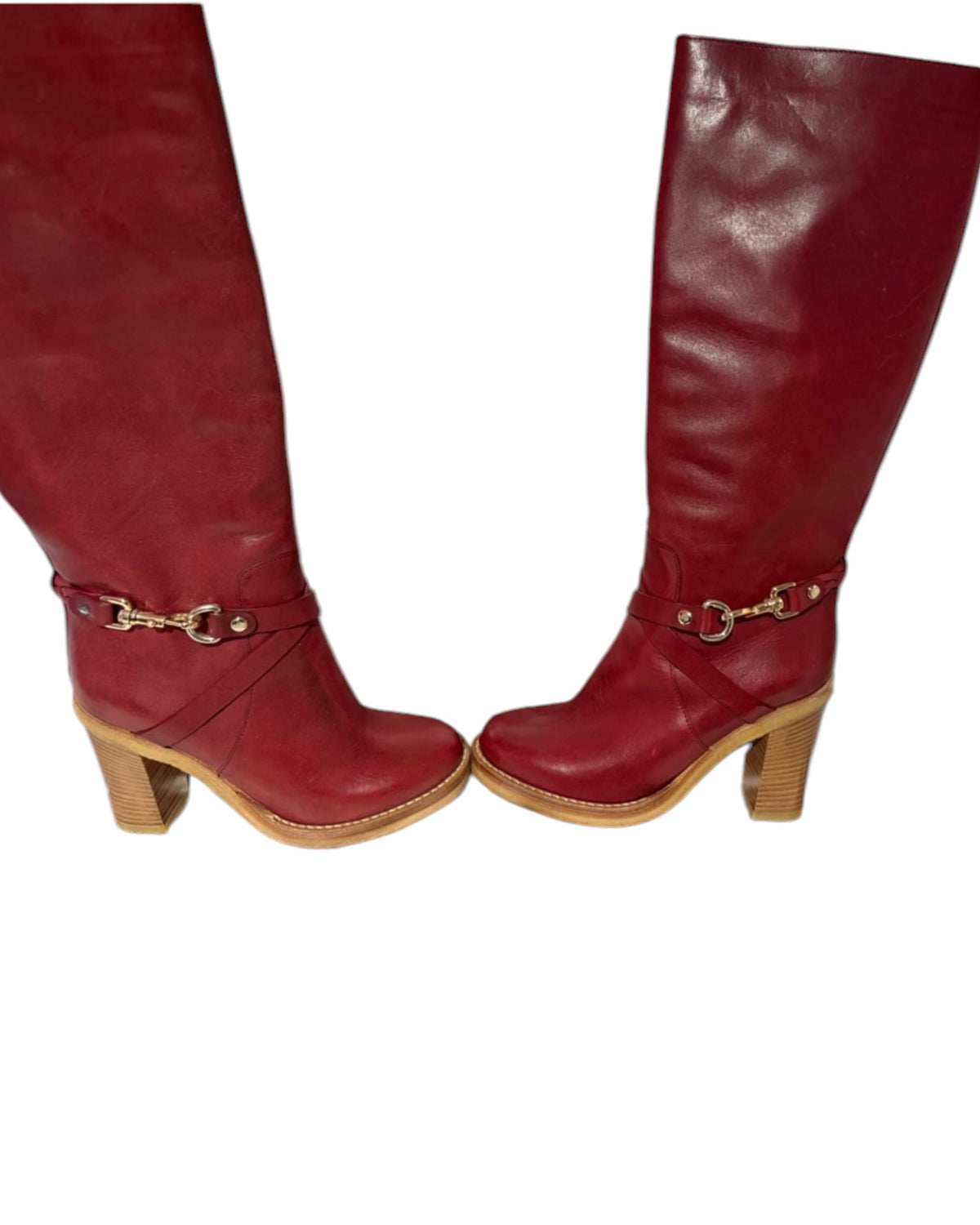 Mulberry Burgundy Red Leather Calf-Length Boots – Gold-Tone Horsebit Detail