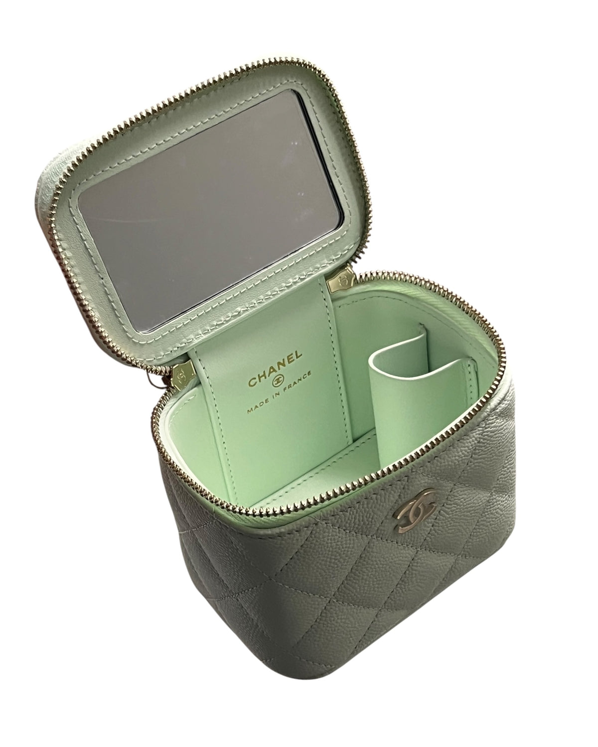 Chanel Mini Vanity Case Light Mint Green Caviar Leather Gold-Tone Hardware