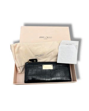 Jimmy Choo Black Croc-Embossed Leather Zip Around Wallet