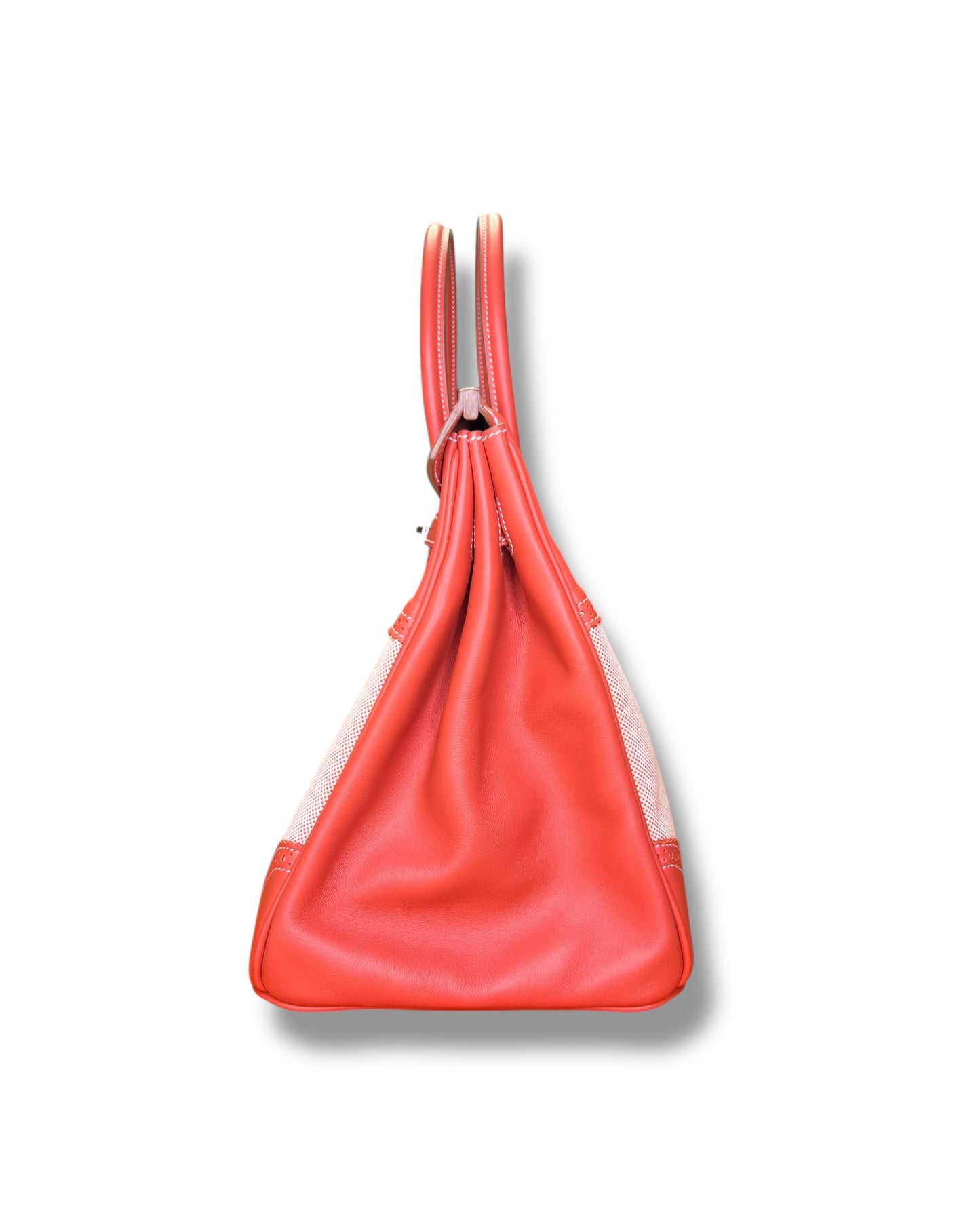 Hermès Birkin 35 Ghillies – Sanguine Swift with Toile Panels, Palladium Hardware – 2015 (T Stamp)