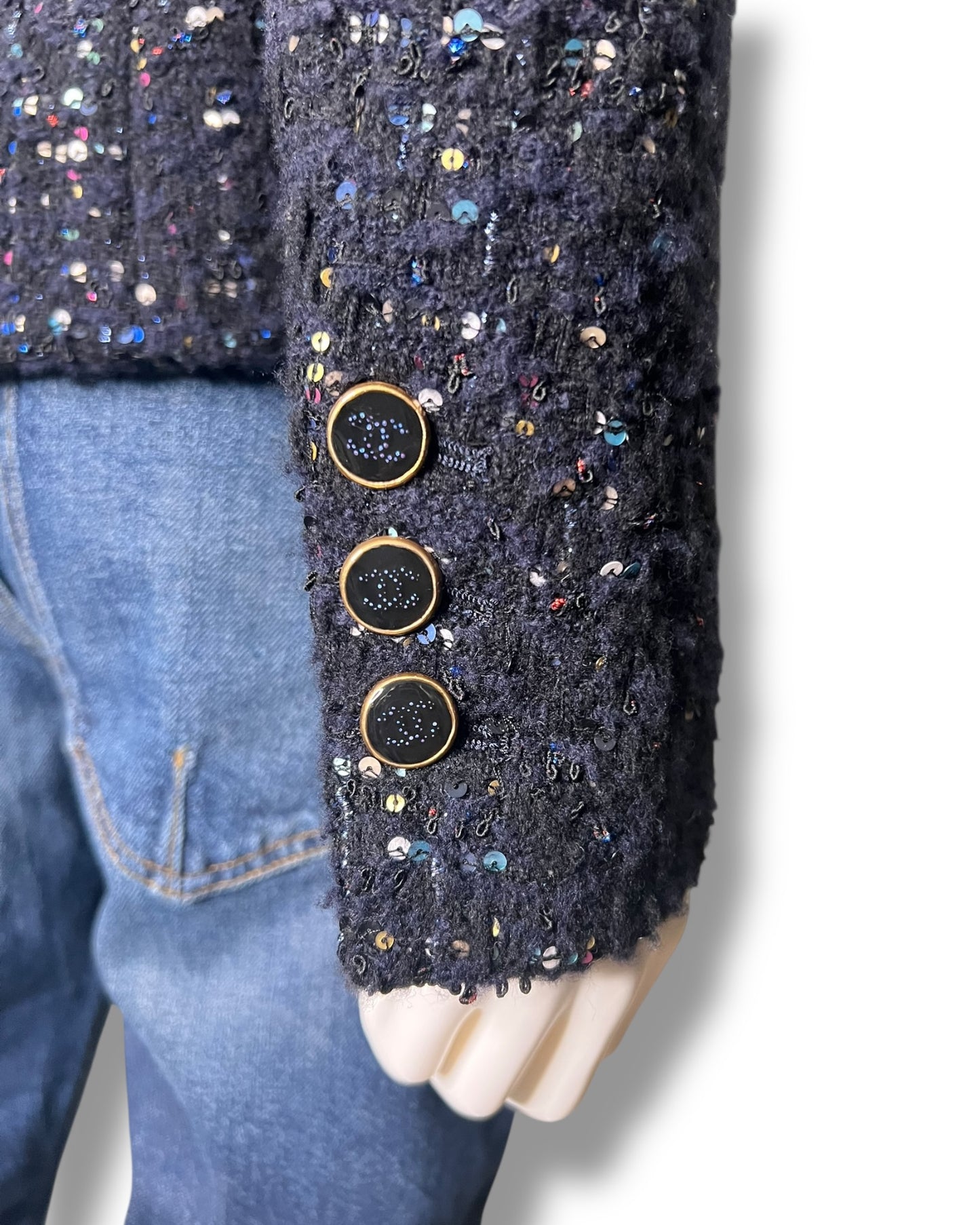 Chanel Tweed Jacket – Navy with Multicolour Sequin Detailing - The Luxury Savvy