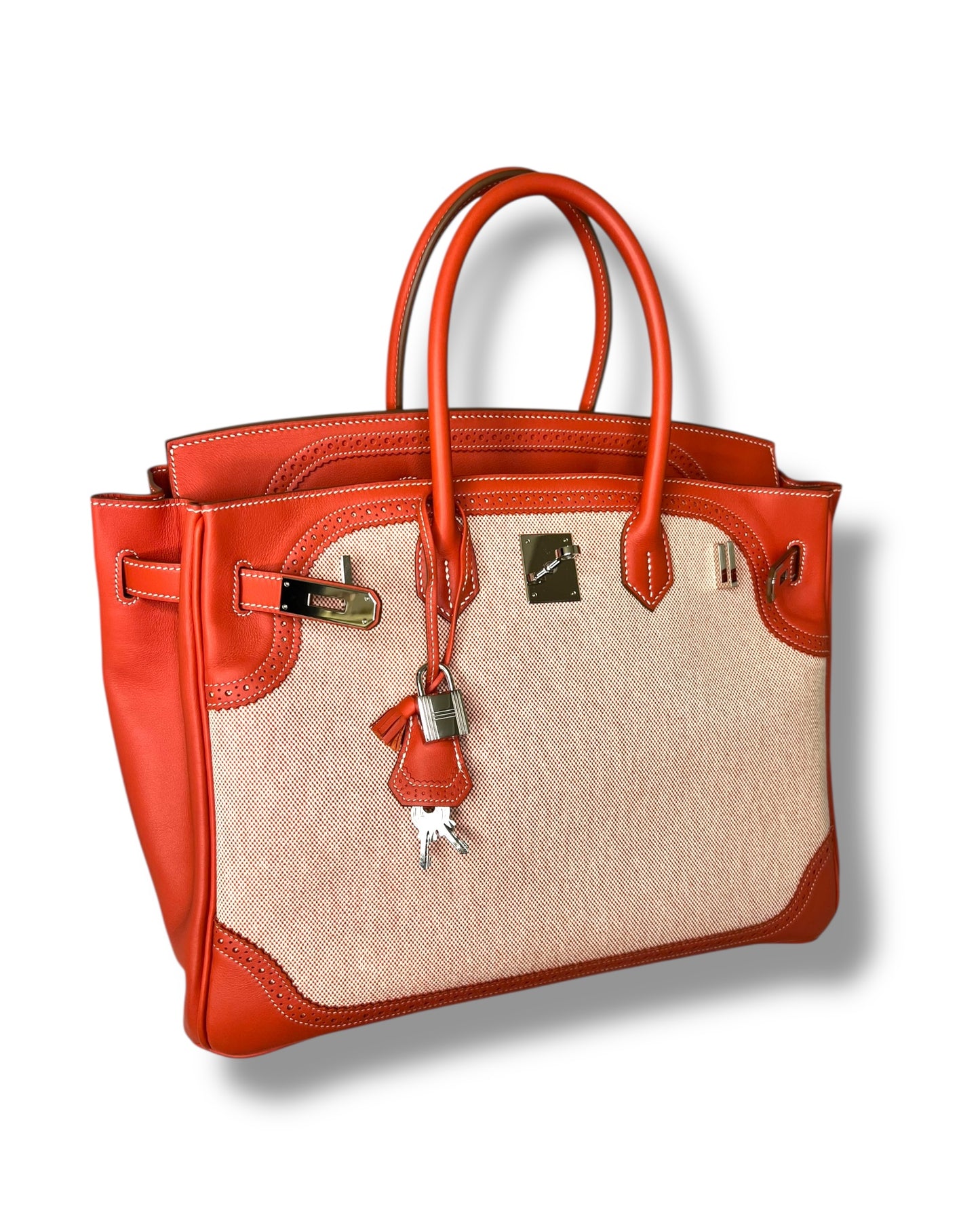 Hermès Birkin 35 Ghillies – Sanguine Swift with Toile Panels, Palladium Hardware – 2015 (T Stamp)