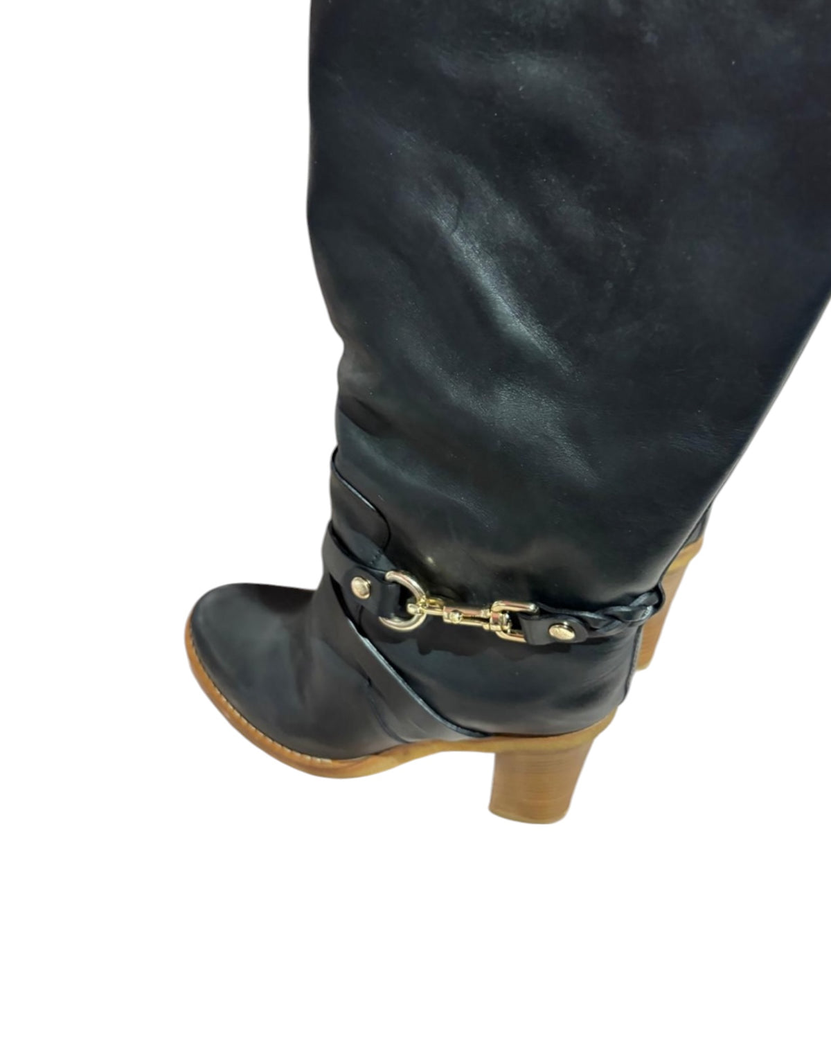 Mulberry Black Leather Calf-Length Boots – Gold-Tone Horsebit Detail