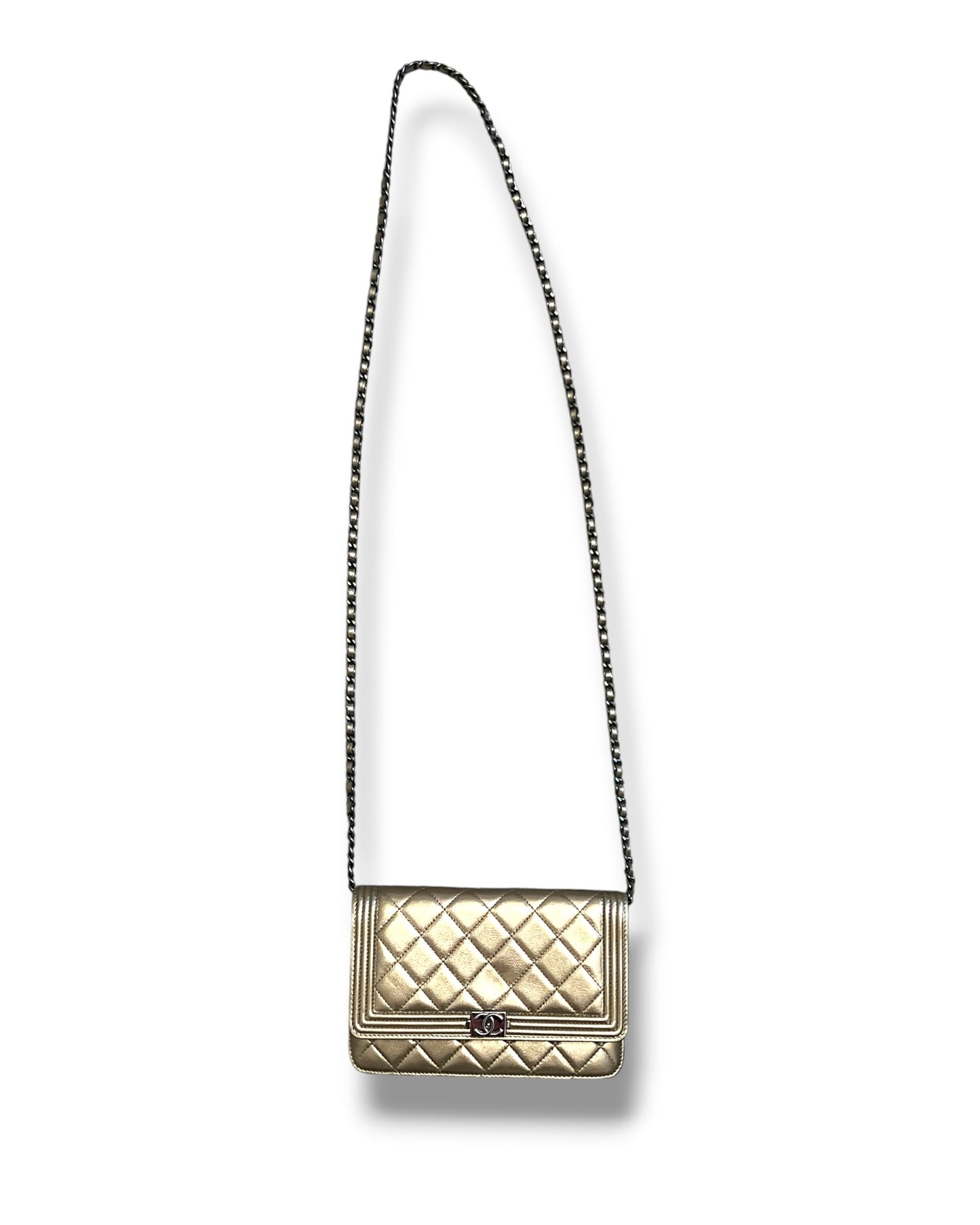 Chanel Boy Wallet on Chain (WOC) | Metallic Gold Quilted Leather