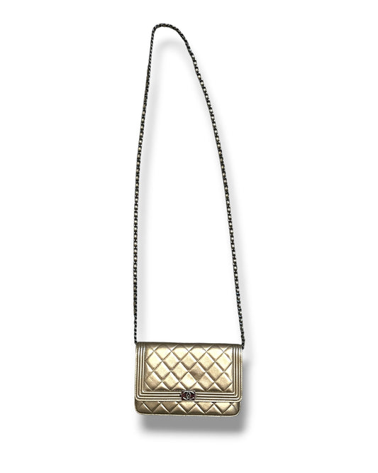 Chanel Boy Wallet on Chain (WOC) | Metallic Gold Quilted Leather