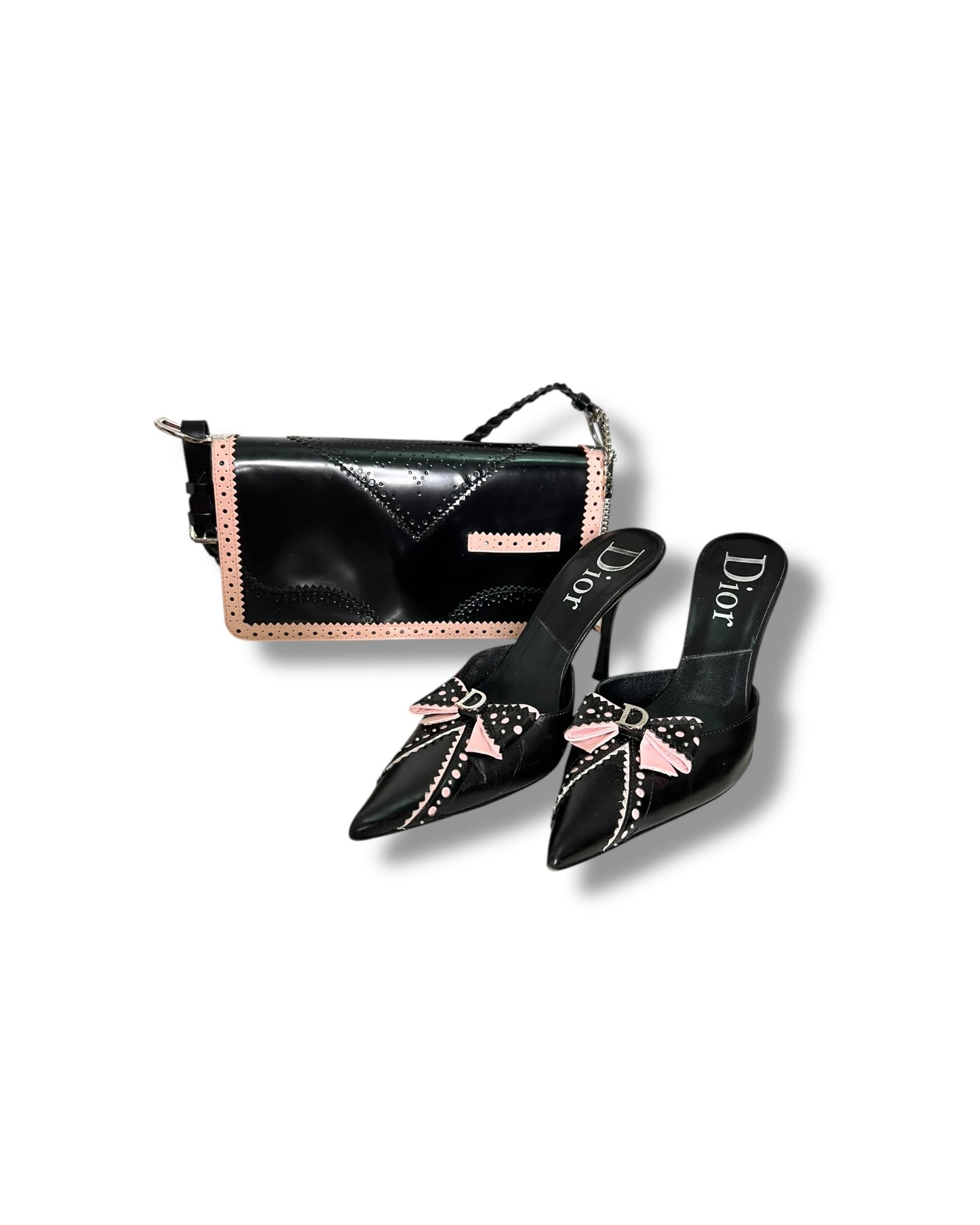 Christian Dior Vintage Bow Mule Heels Pink and Black Leather