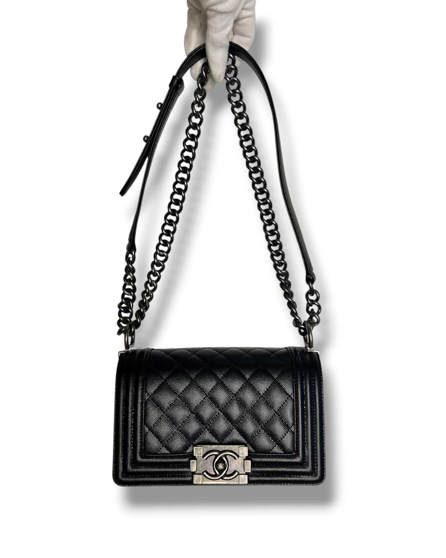 Chanel Boy Small Flap Bag in Black Caviar Leather with Ruthenium Hardware