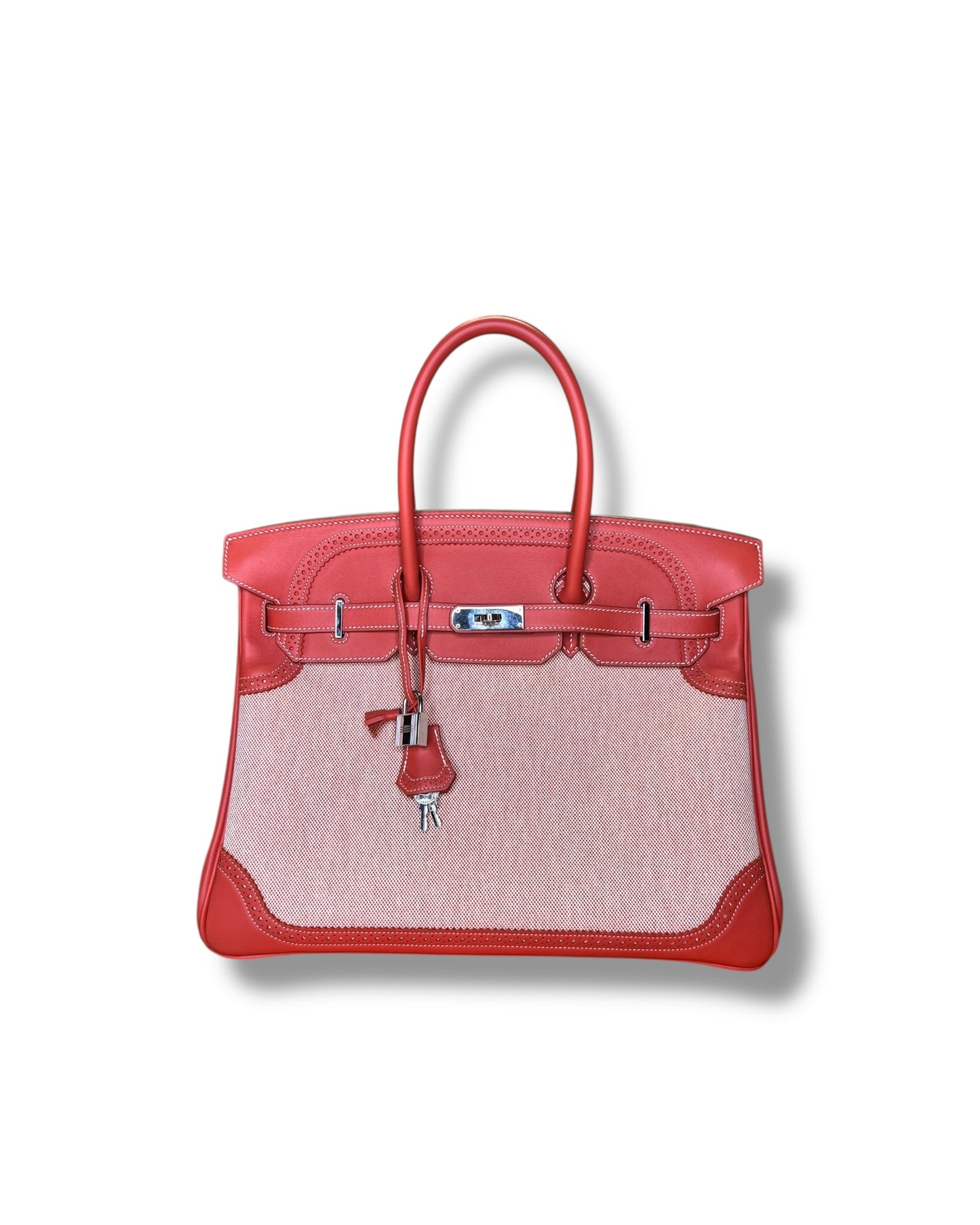 Hermès Birkin 35 Ghillies – Sanguine Swift with Toile Panels, Palladium Hardware – 2015 (T Stamp)