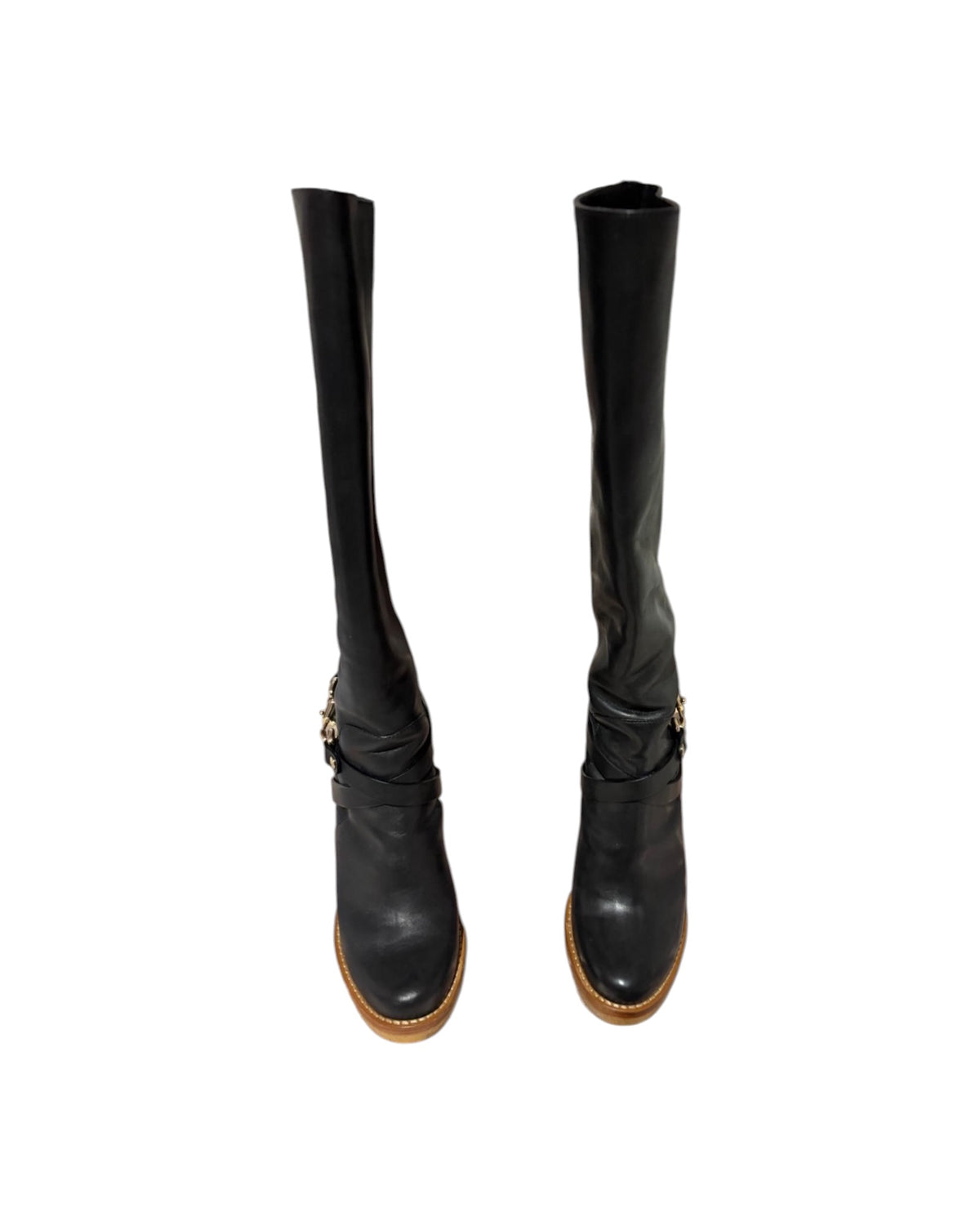 Mulberry Black Leather Calf-Length Boots – Gold-Tone Horsebit Detail