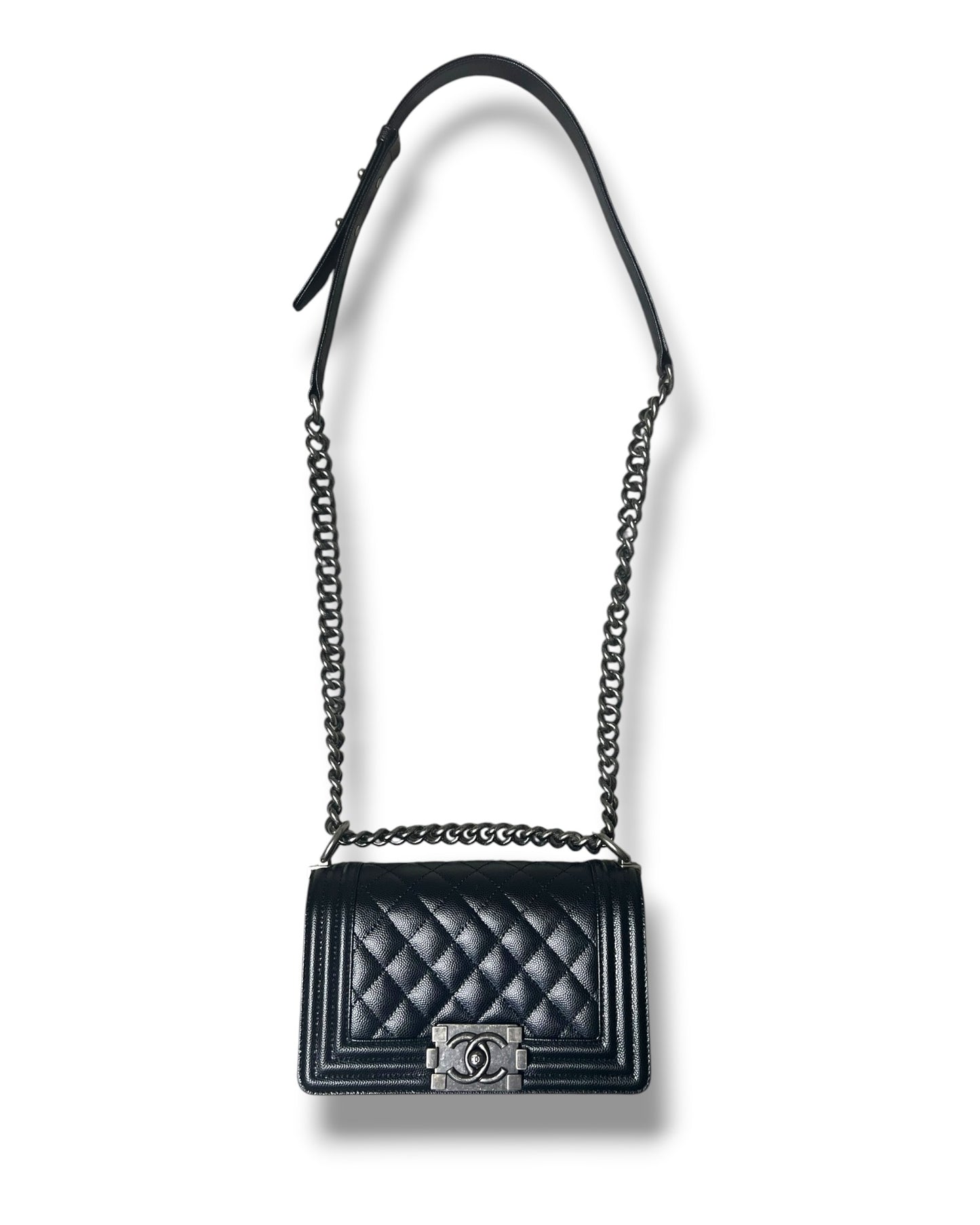Chanel Boy Small Flap Bag in Black Caviar Leather with Ruthenium Hardware