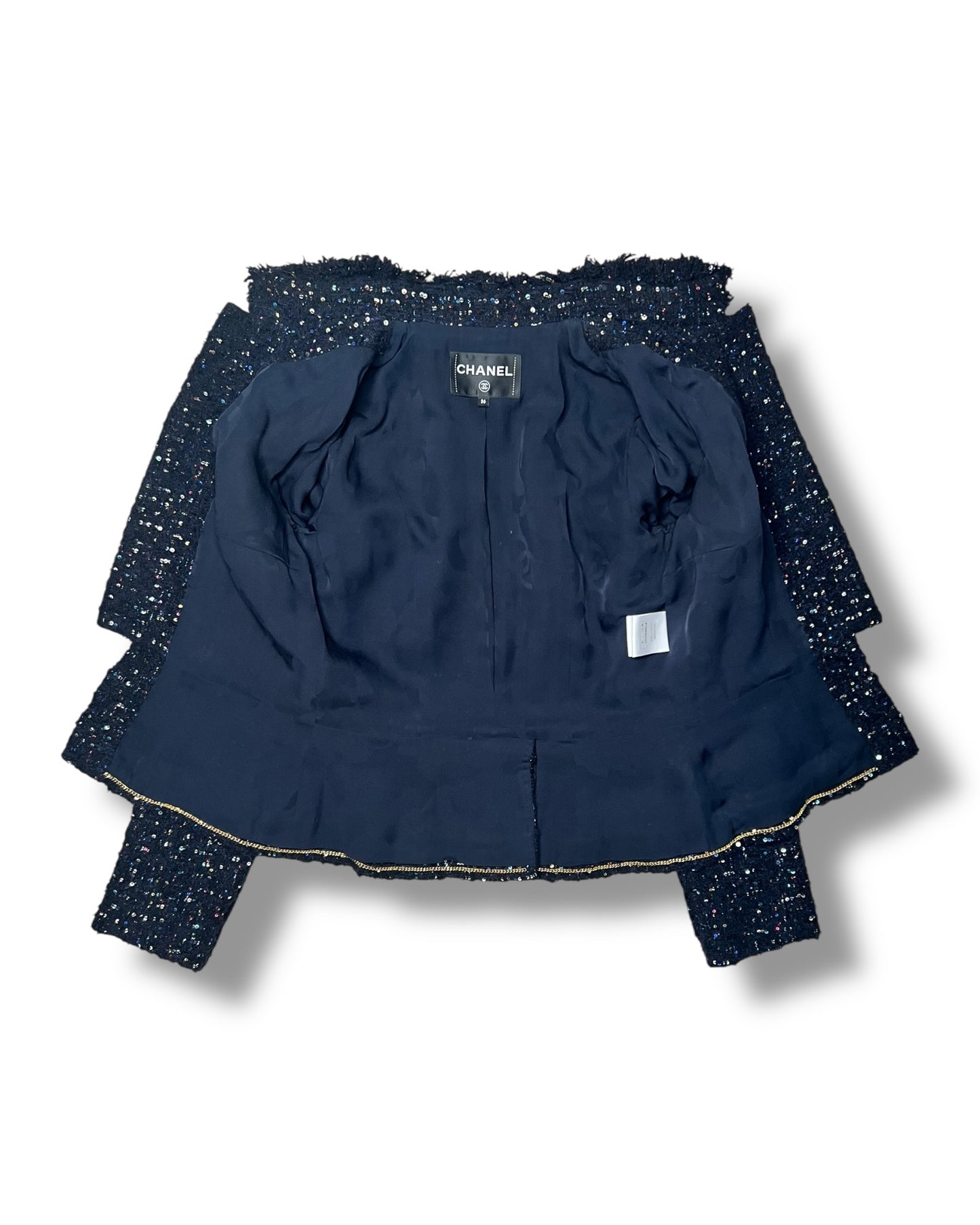 Chanel Tweed Jacket – Navy with Multicolour Sequin Detailing - The Luxury Savvy