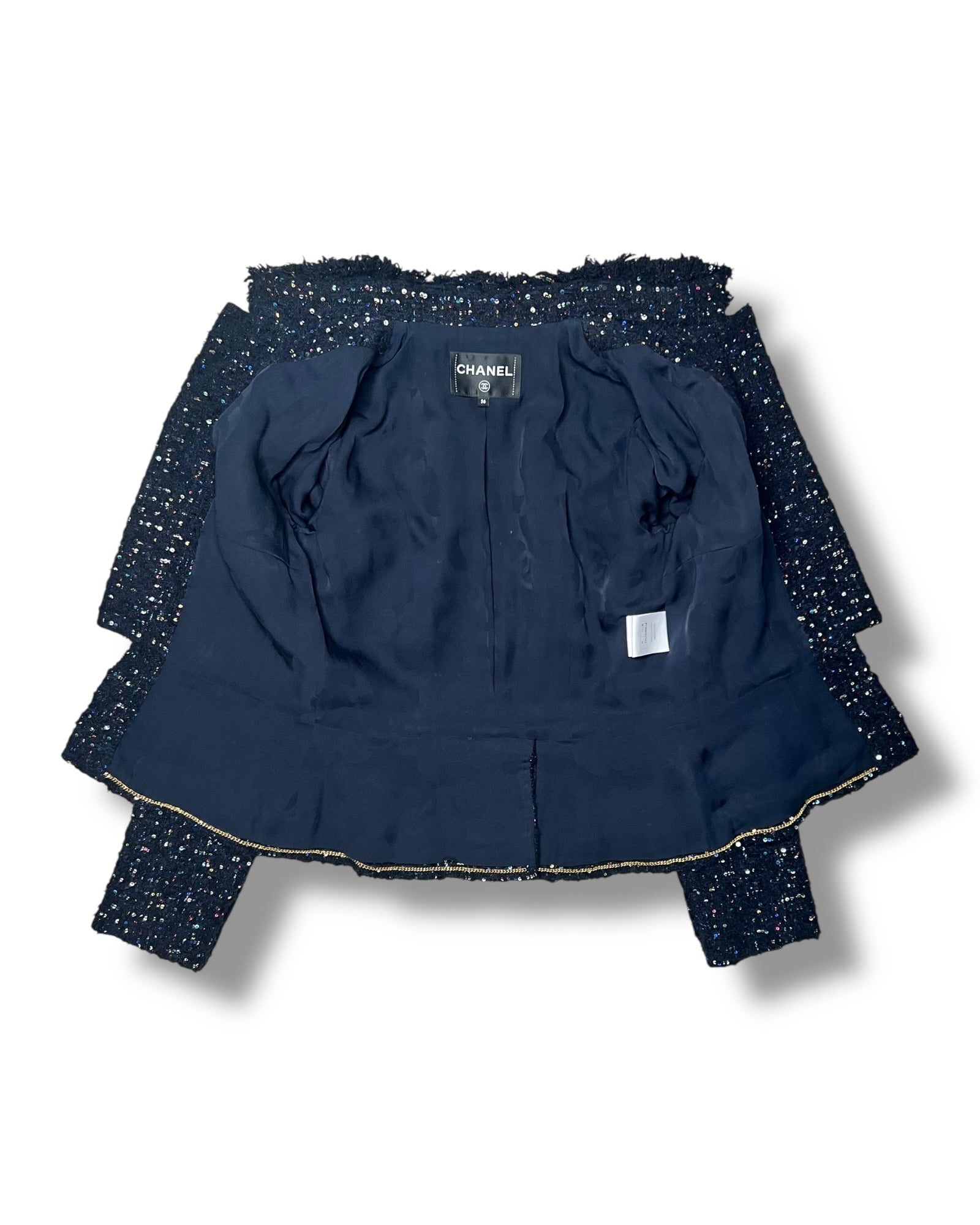 Chanel Tweed Jacket – Navy with Multicolour Sequin Detailing - The Luxury Savvy