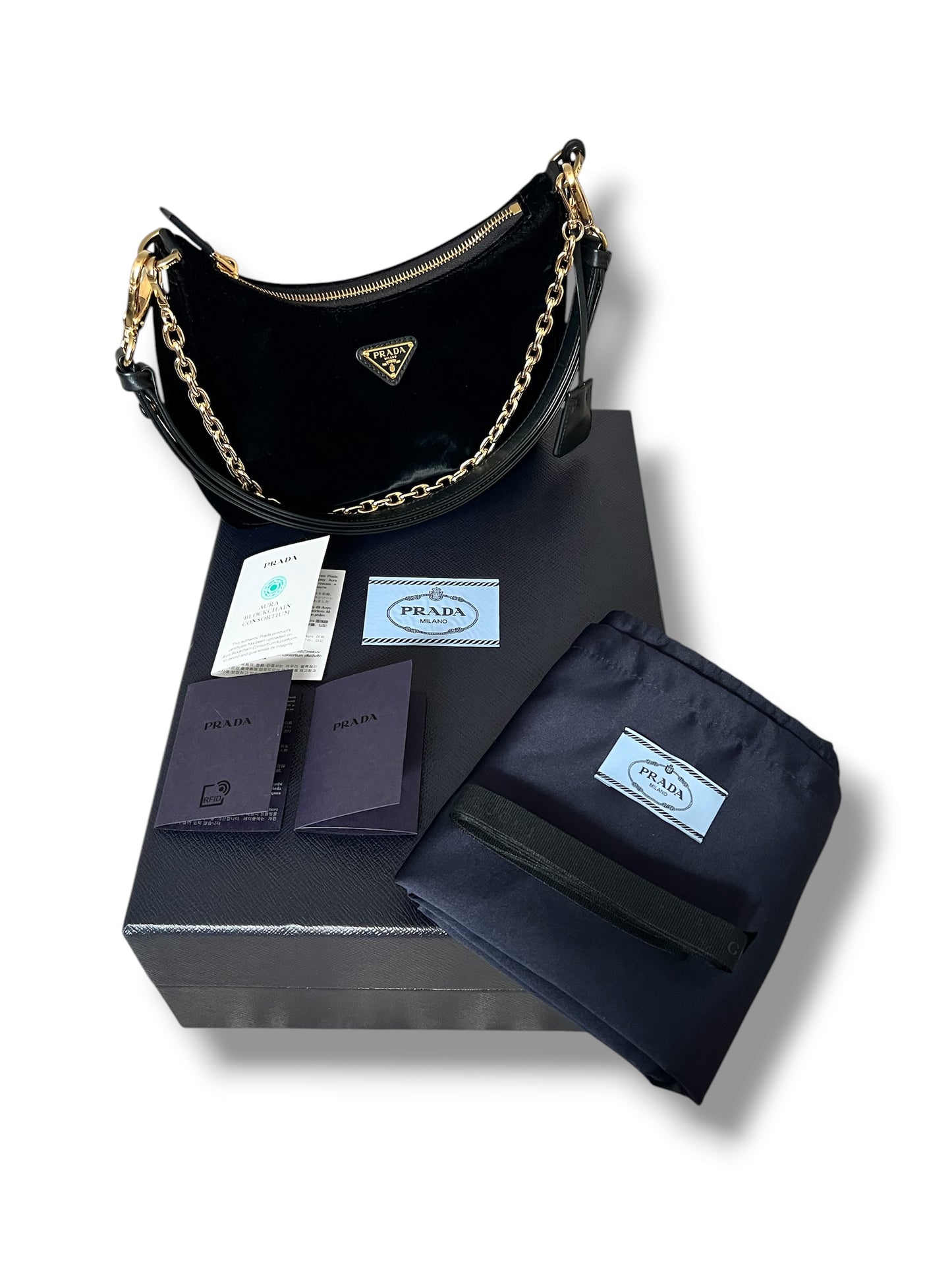 Prada Black Velvet Mini Bag with Gold Chain Strap & Box