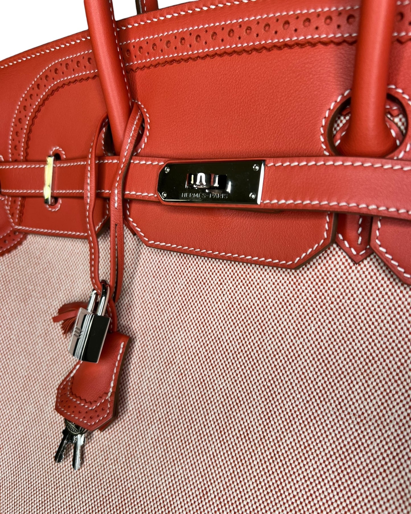 Hermès Birkin 35 Ghillies – Sanguine Swift with Toile Panels, Palladium Hardware – 2015 (T Stamp)