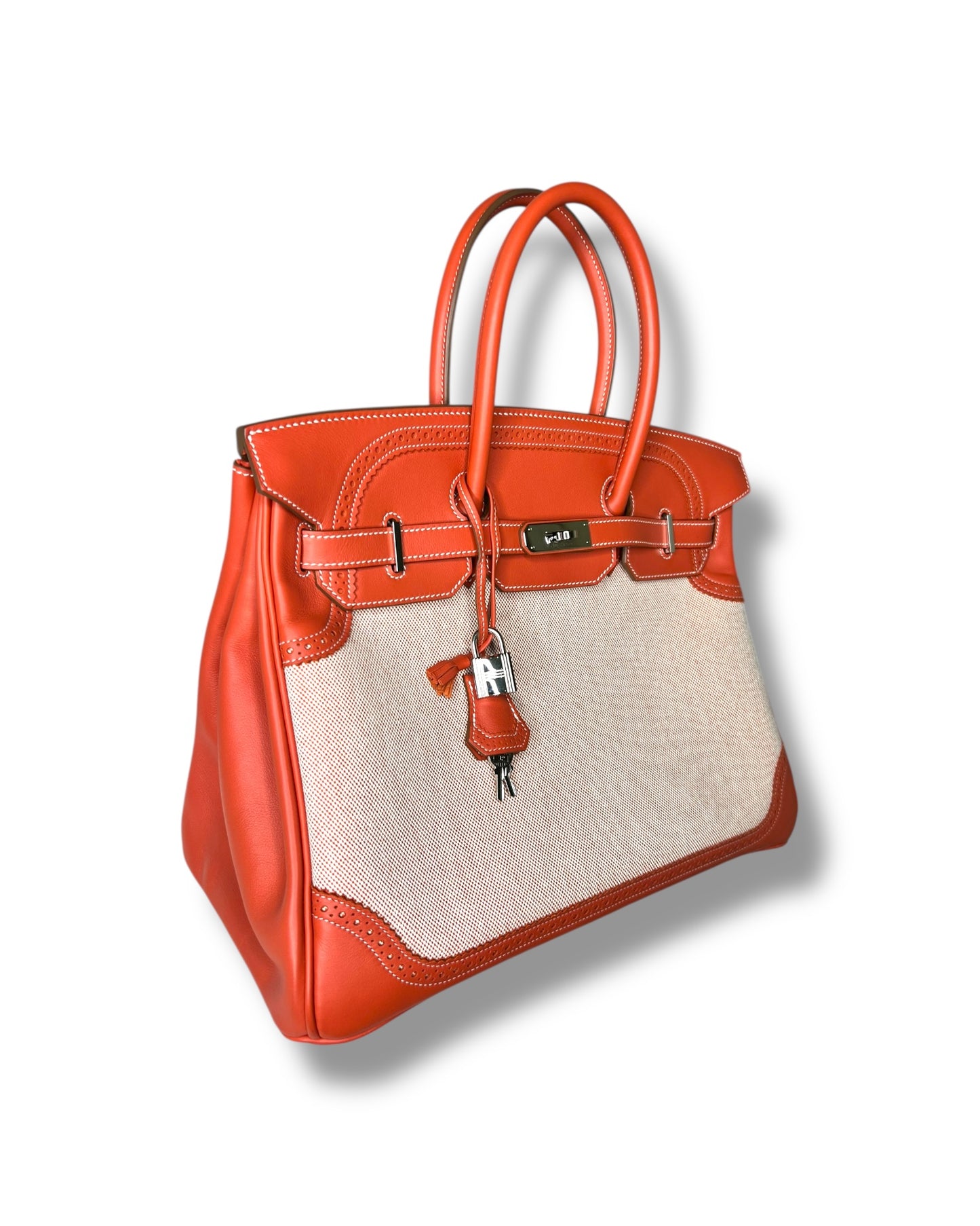 Hermès Birkin 35 Ghillies – Sanguine Swift with Toile Panels, Palladium Hardware – 2015 (T Stamp)