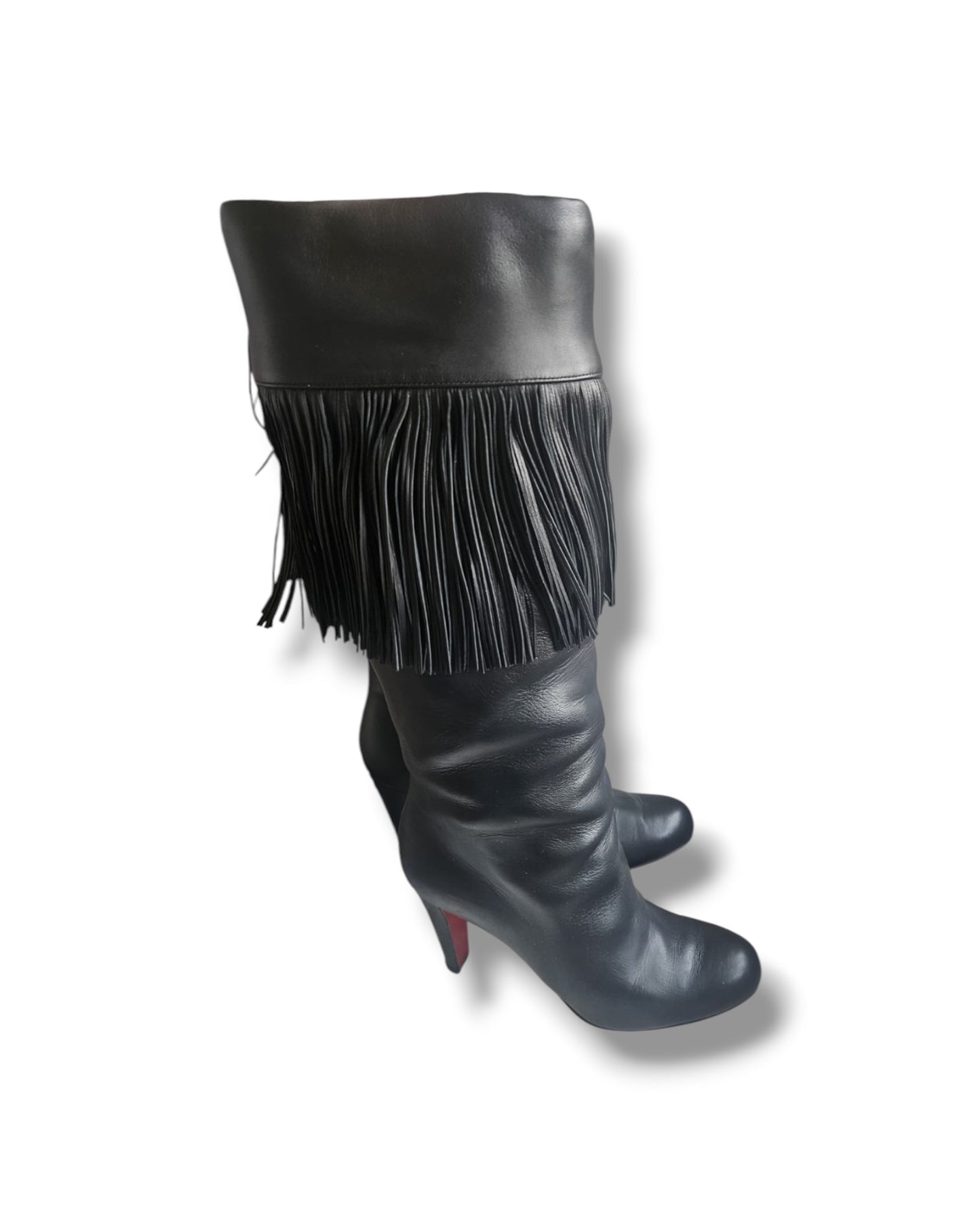 Christian Louboutin Black Leather Fringe Knee-High Boots