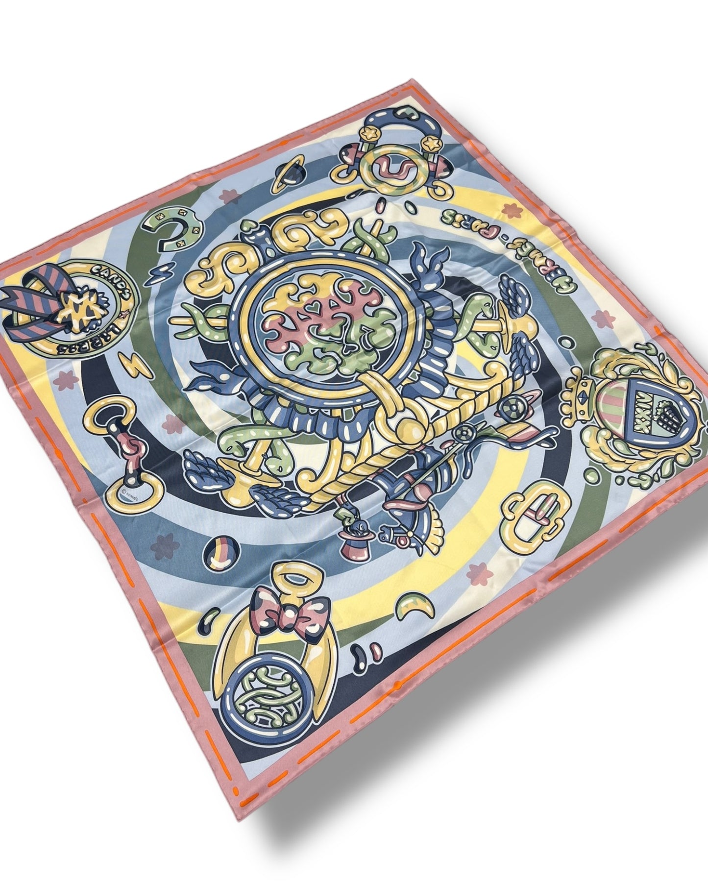 Hermès Silk Carré 70 “Candy Libris” – Pink / Bleu Ciel / Sable / Vieux Rose