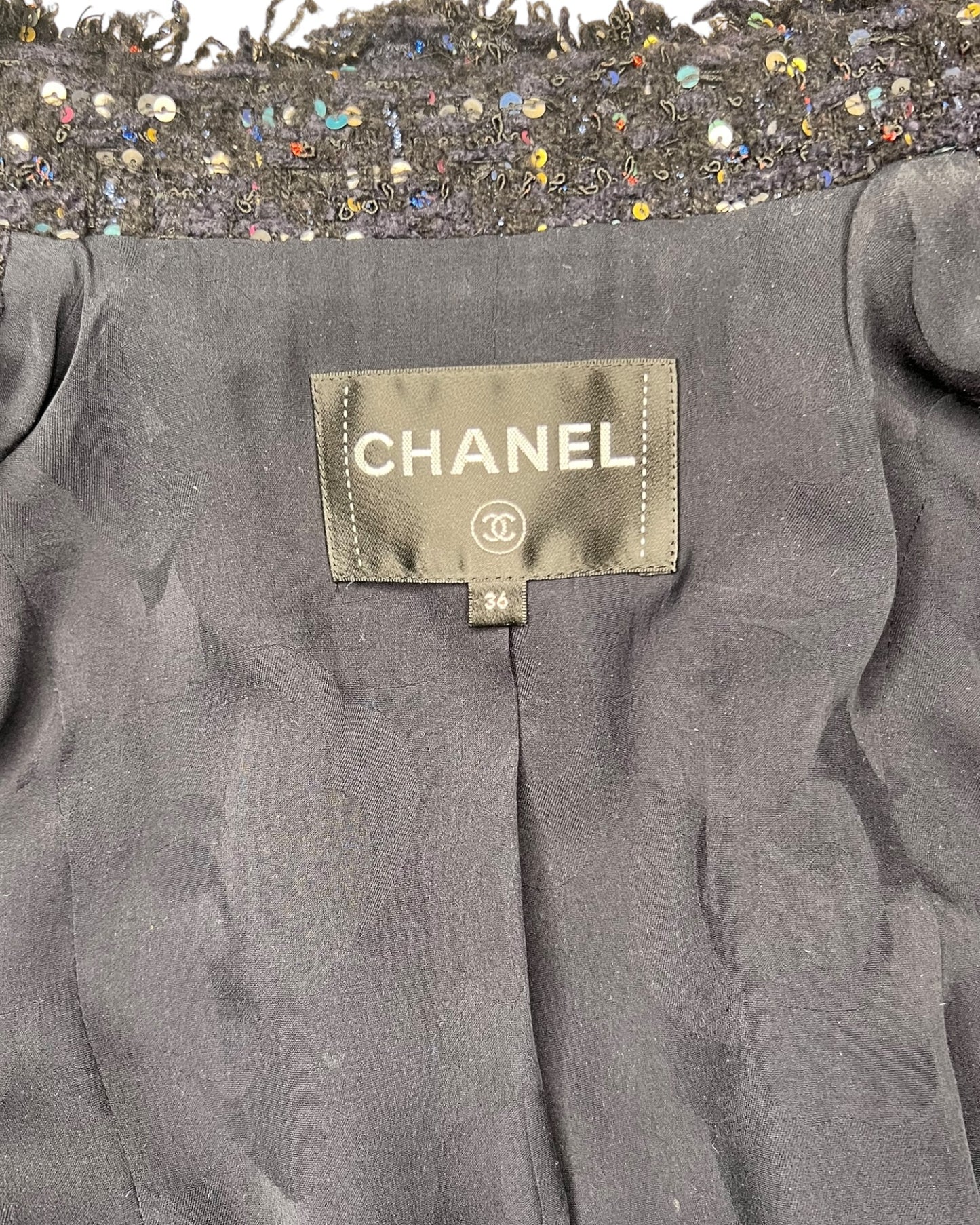 Chanel Tweed Jacket – Navy with Multicolour Sequin Detailing - The Luxury Savvy