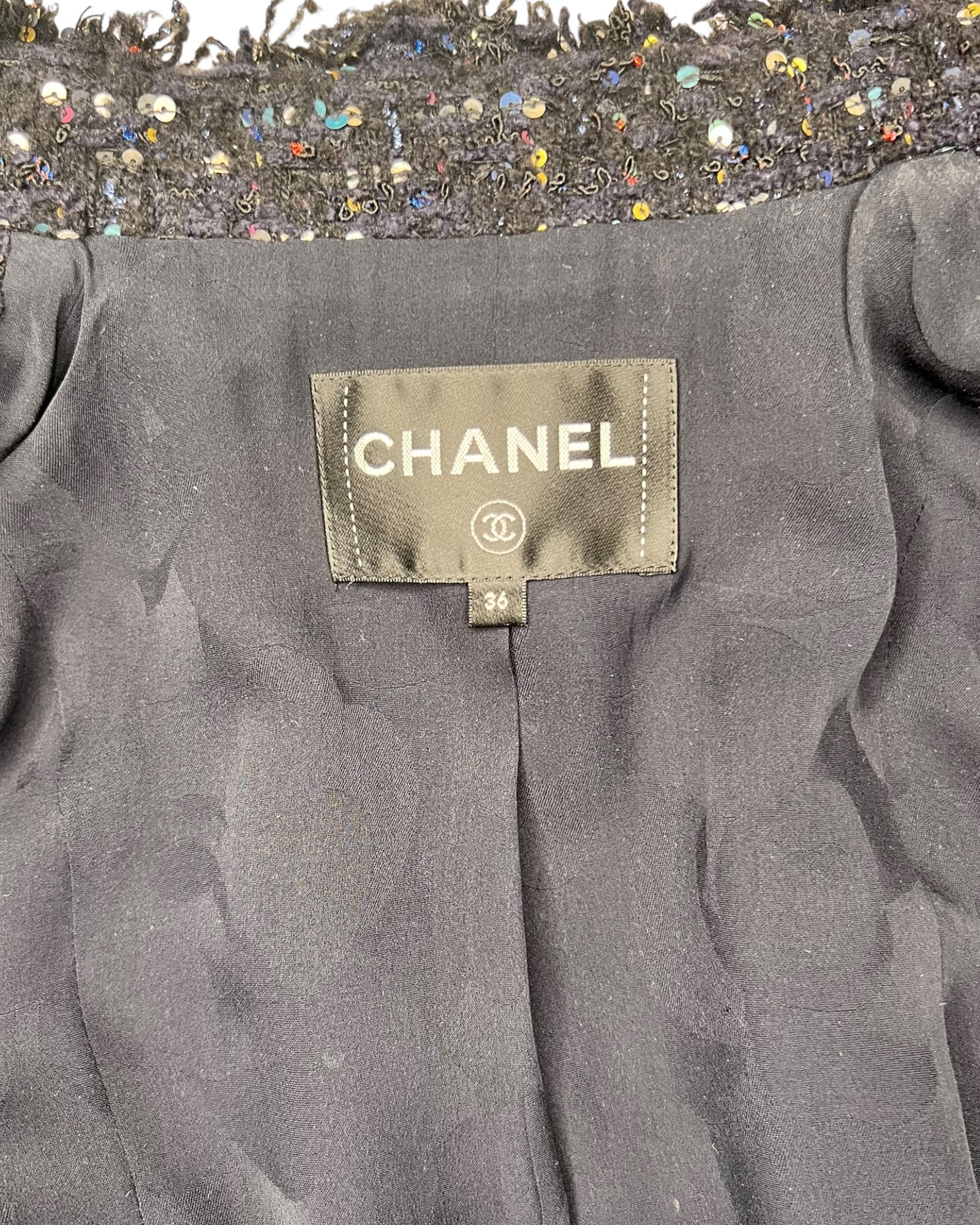 Chanel Tweed Jacket – Navy with Multicolour Sequin Detailing - The Luxury Savvy