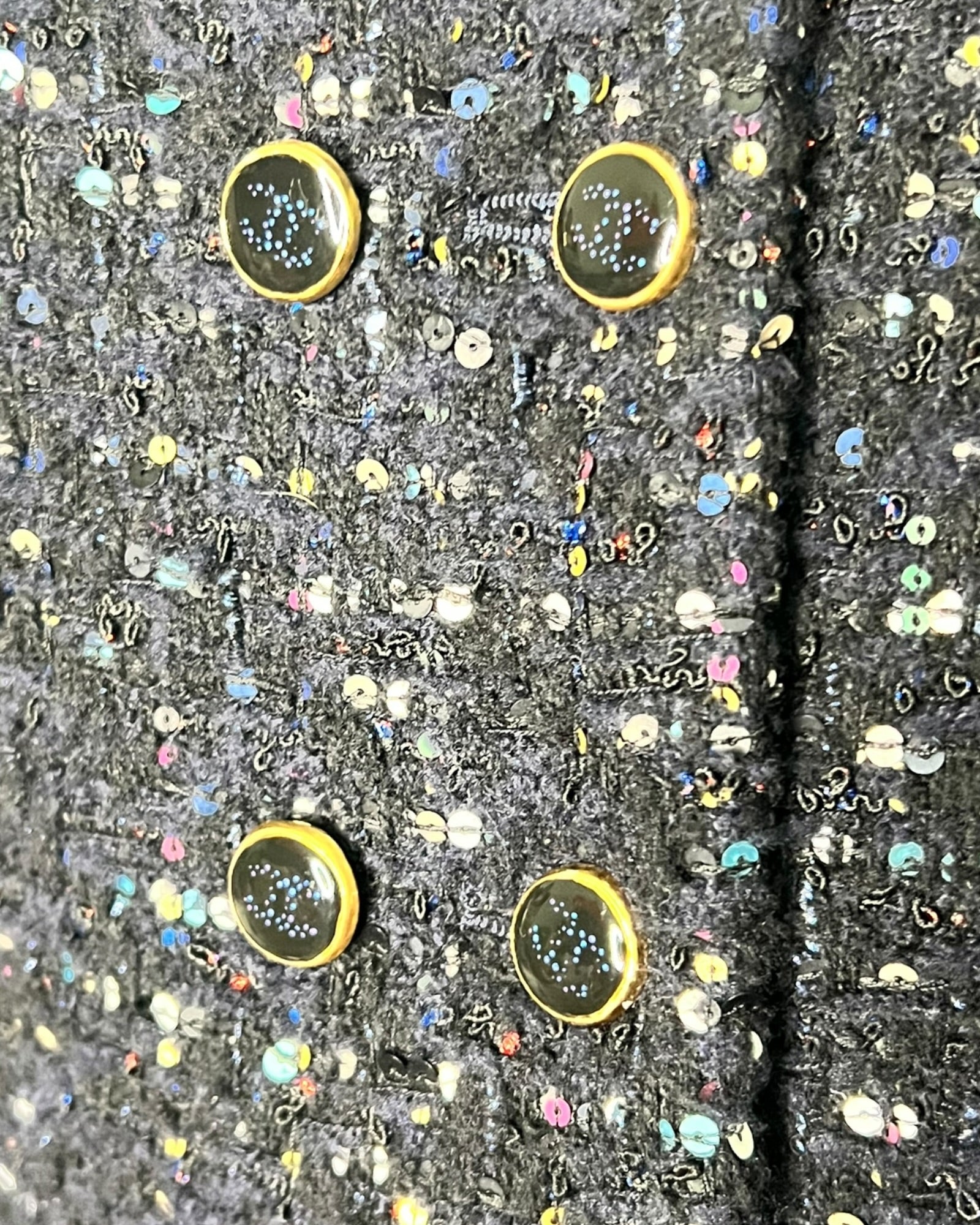 Chanel Tweed Jacket – Navy with Multicolour Sequin Detailing - The Luxury Savvy