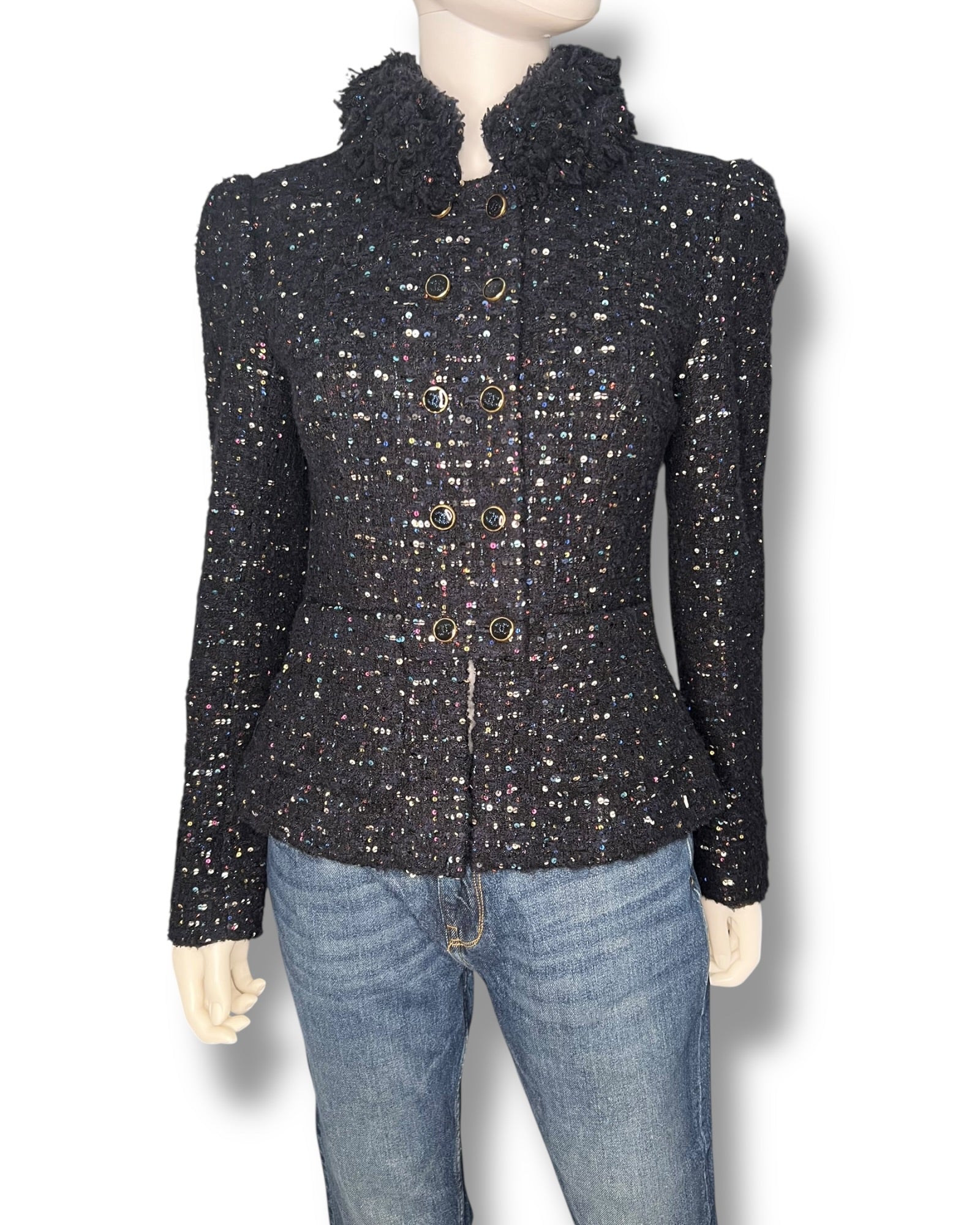Chanel Tweed Jacket – Navy with Multicolour Sequin Detailing - The Luxury Savvy