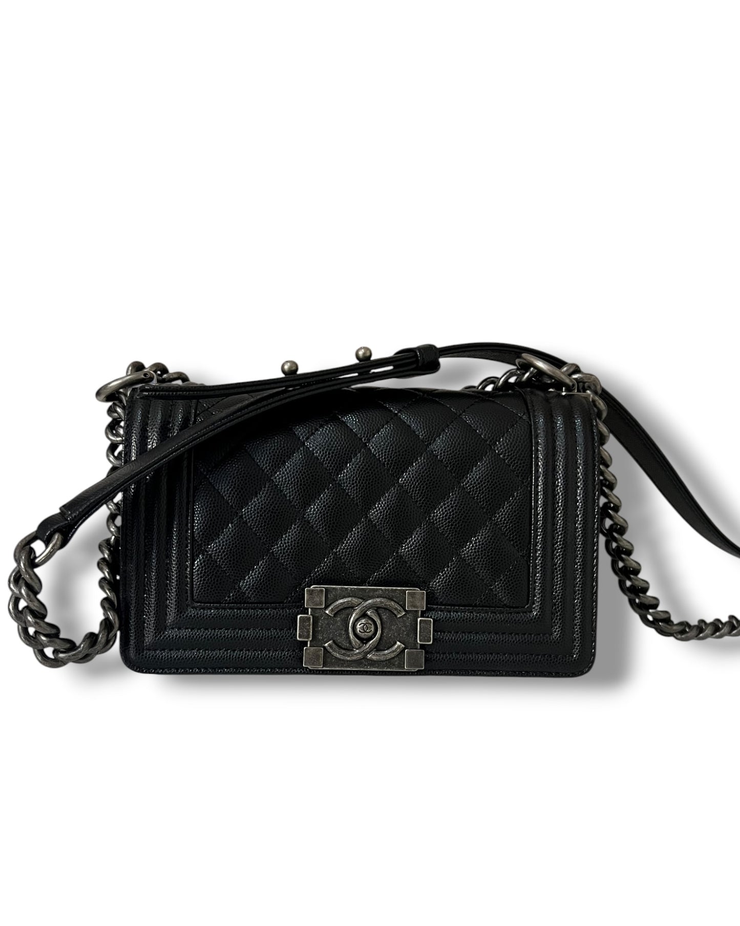 Chanel Boy Small Flap Bag in Black Caviar Leather with Ruthenium Hardware