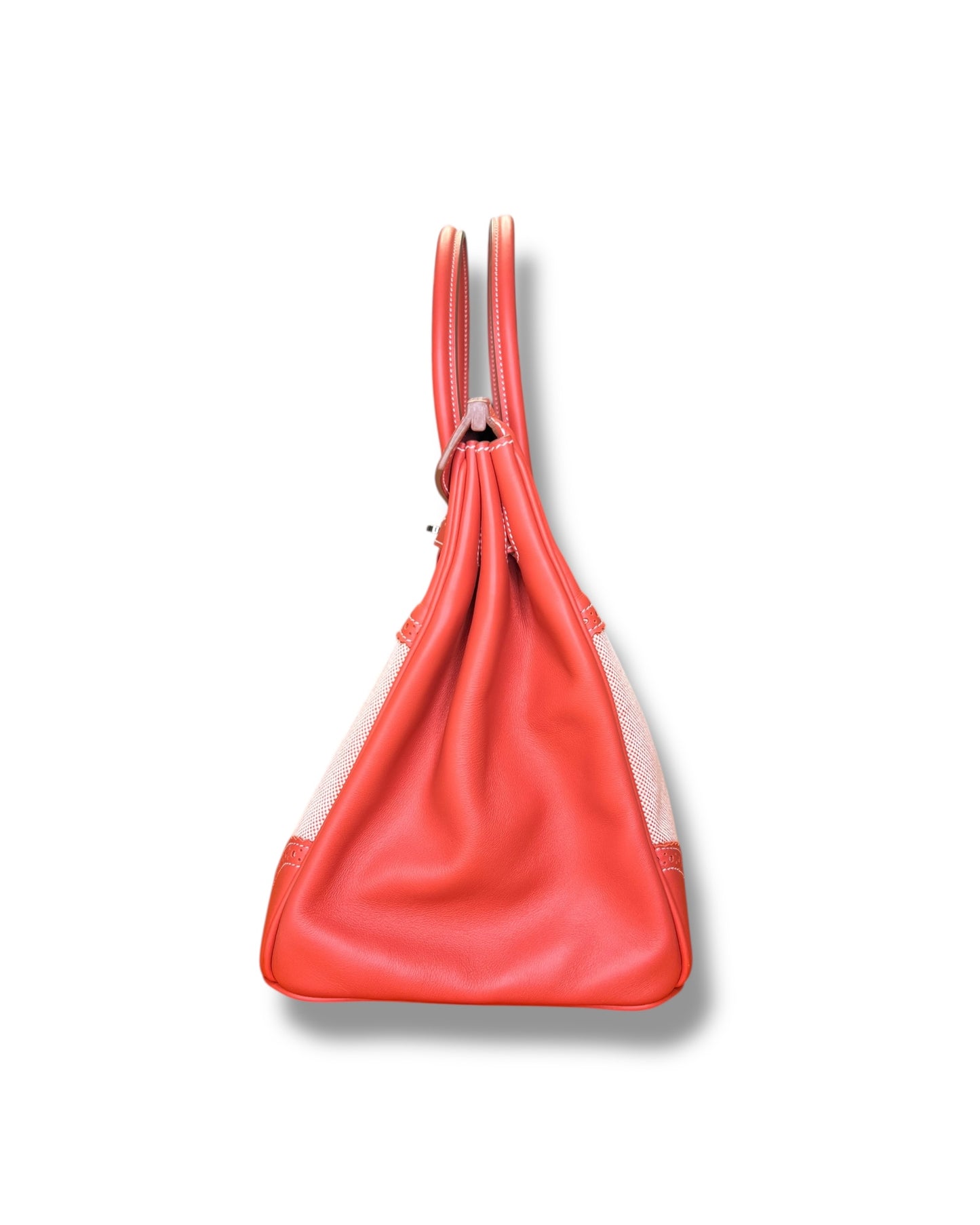 Hermès Birkin 35 Ghillies – Sanguine Swift with Toile Panels, Palladium Hardware – 2015 (T Stamp)