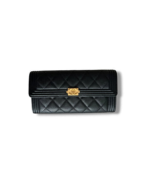 Chanel Boy Long Flap Wallet in Black Caviar Leather with Gold Hardware