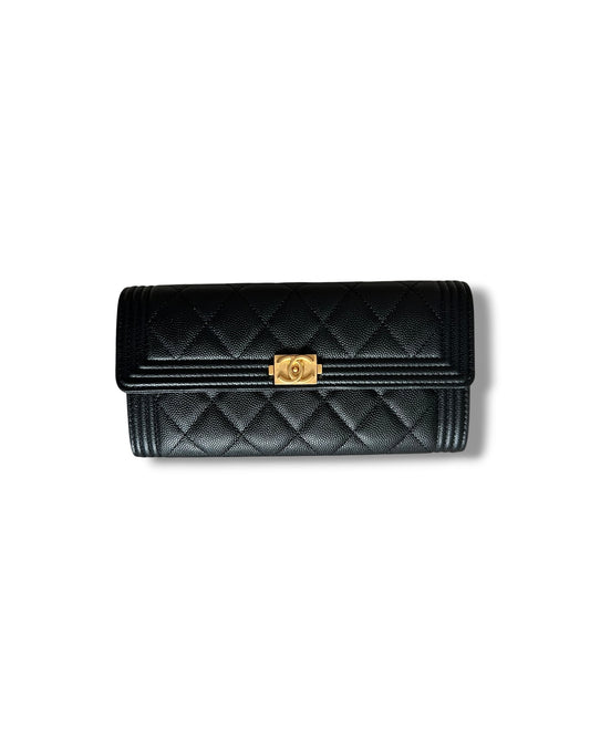 Chanel Boy Long Flap Wallet in Black Caviar Leather with Gold Hardware