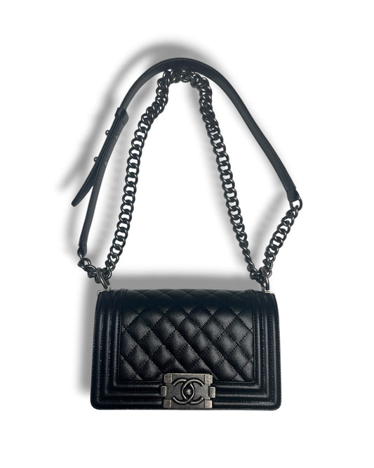 Chanel Boy Small Flap Bag in Black Caviar Leather with Ruthenium Hardware