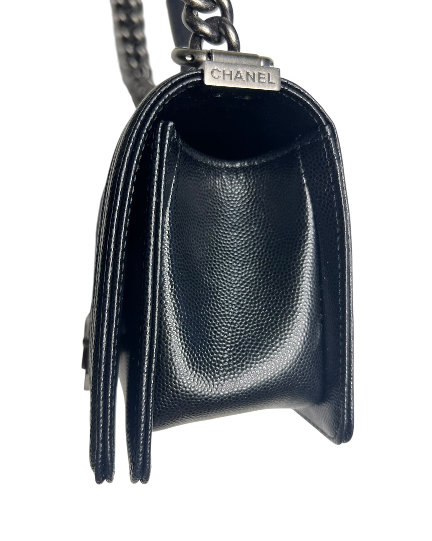 Chanel Boy Small Flap Bag in Black Caviar Leather with Ruthenium Hardware