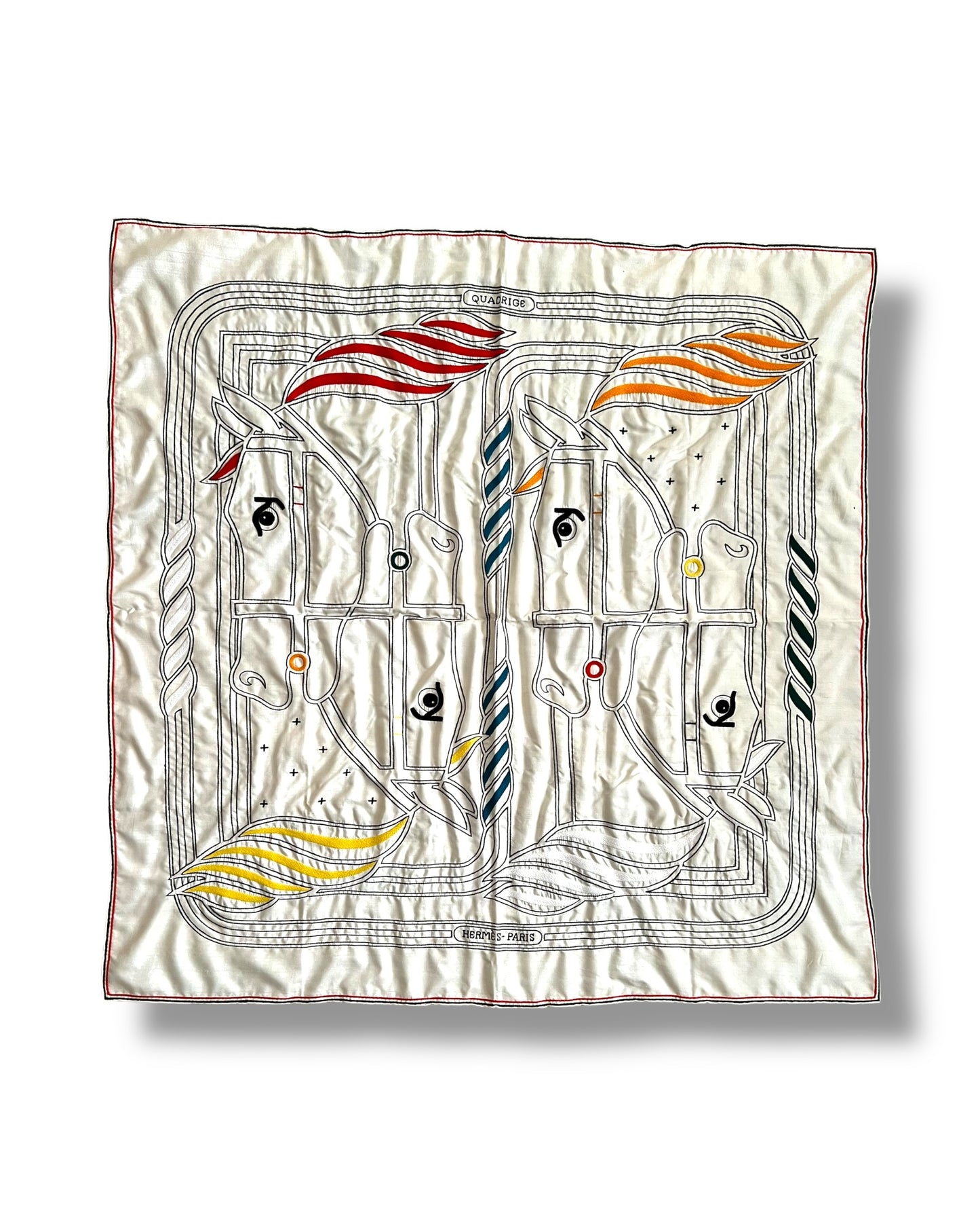 Hermès Carré 90 “Quadrige” – Hand-Embroidered Silk Scarf (Pristine — with Special Box)
