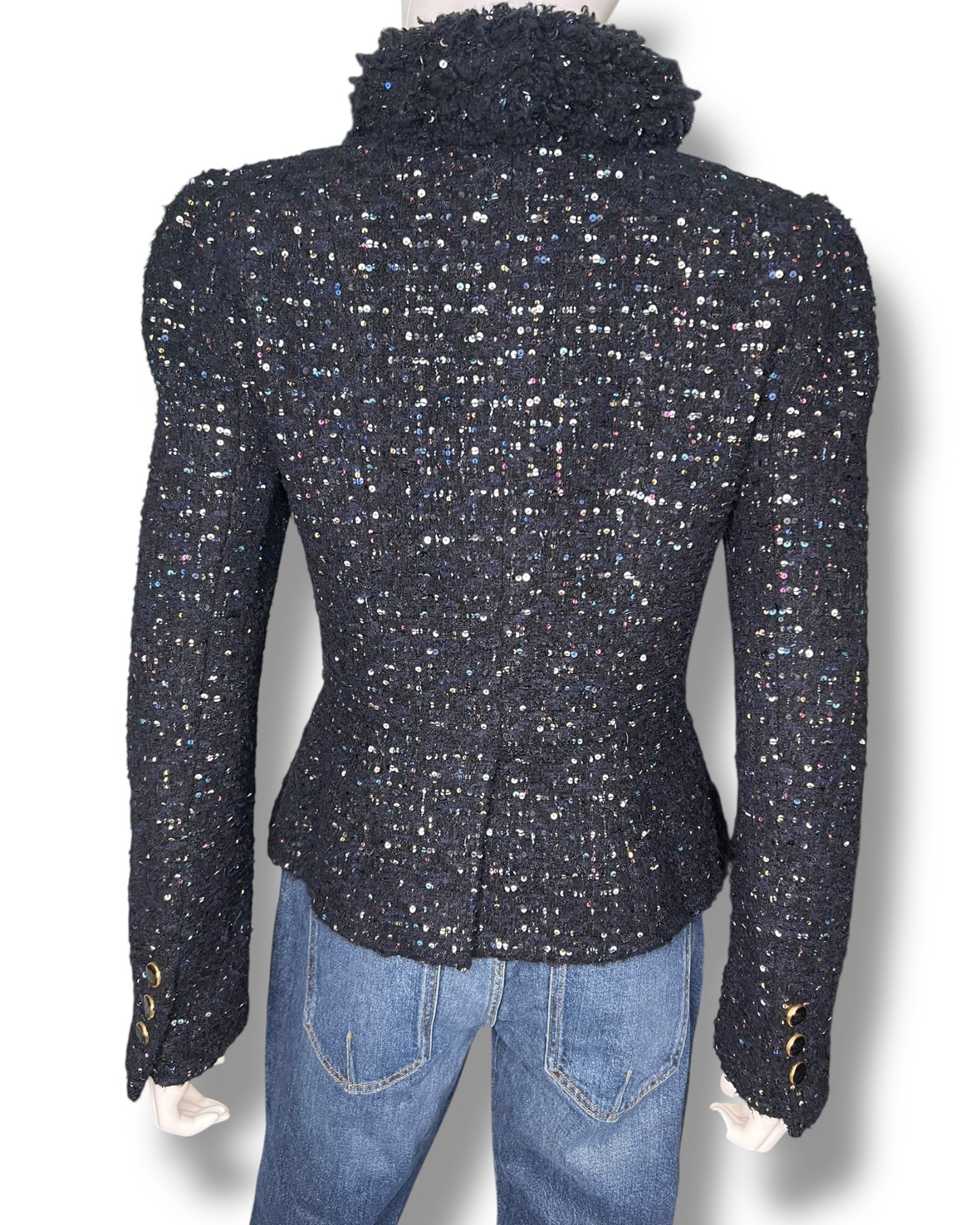Chanel Tweed Jacket – Navy with Multicolour Sequin Detailing - The Luxury Savvy