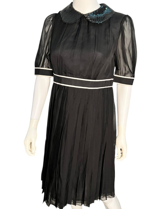Dolce & Gabbana Black Pleated Silk Blend Dress with Sequin Collar Size IT 44