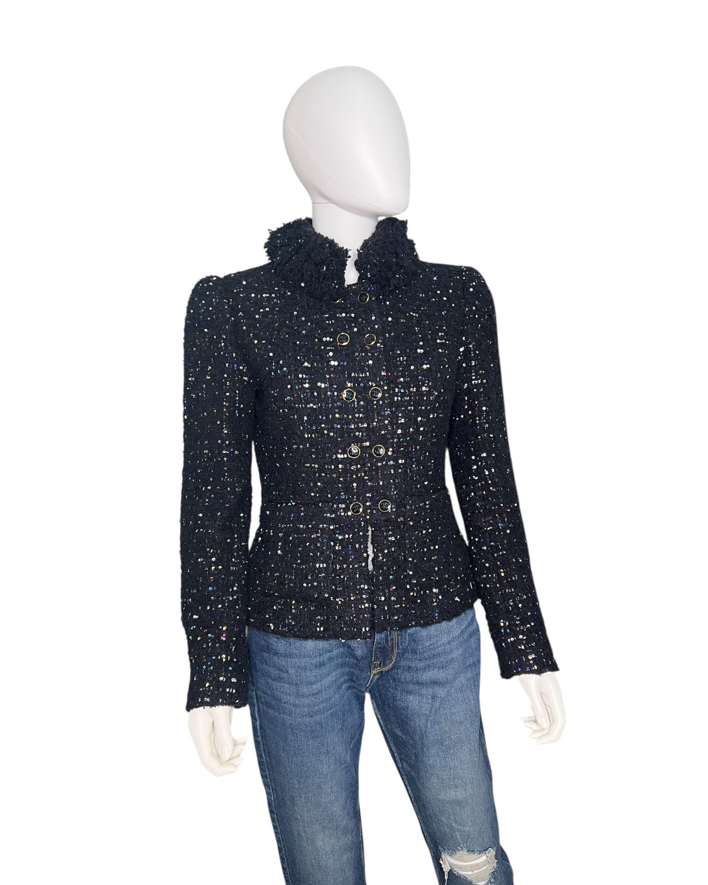 Chanel Tweed Jacket – Navy with Multicolour Sequin Detailing - The Luxury Savvy