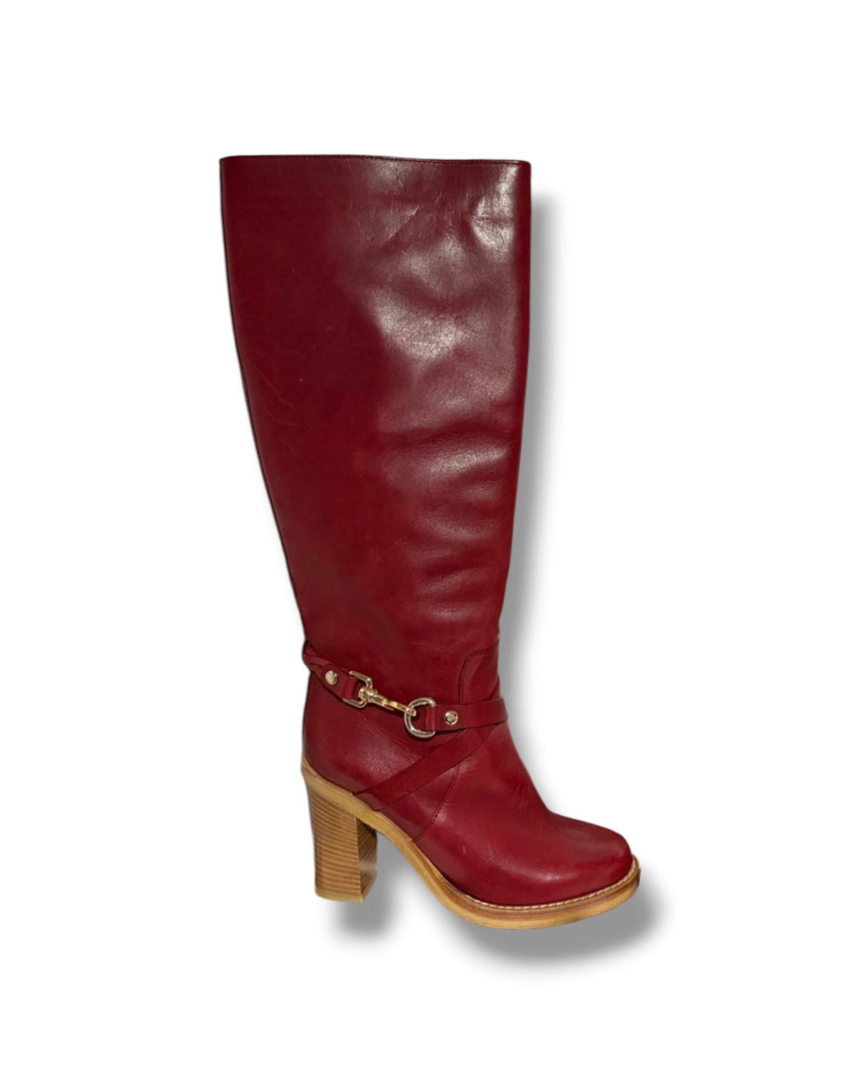 Mulberry Burgundy Red Leather Calf-Length Boots – Gold-Tone Horsebit Detail